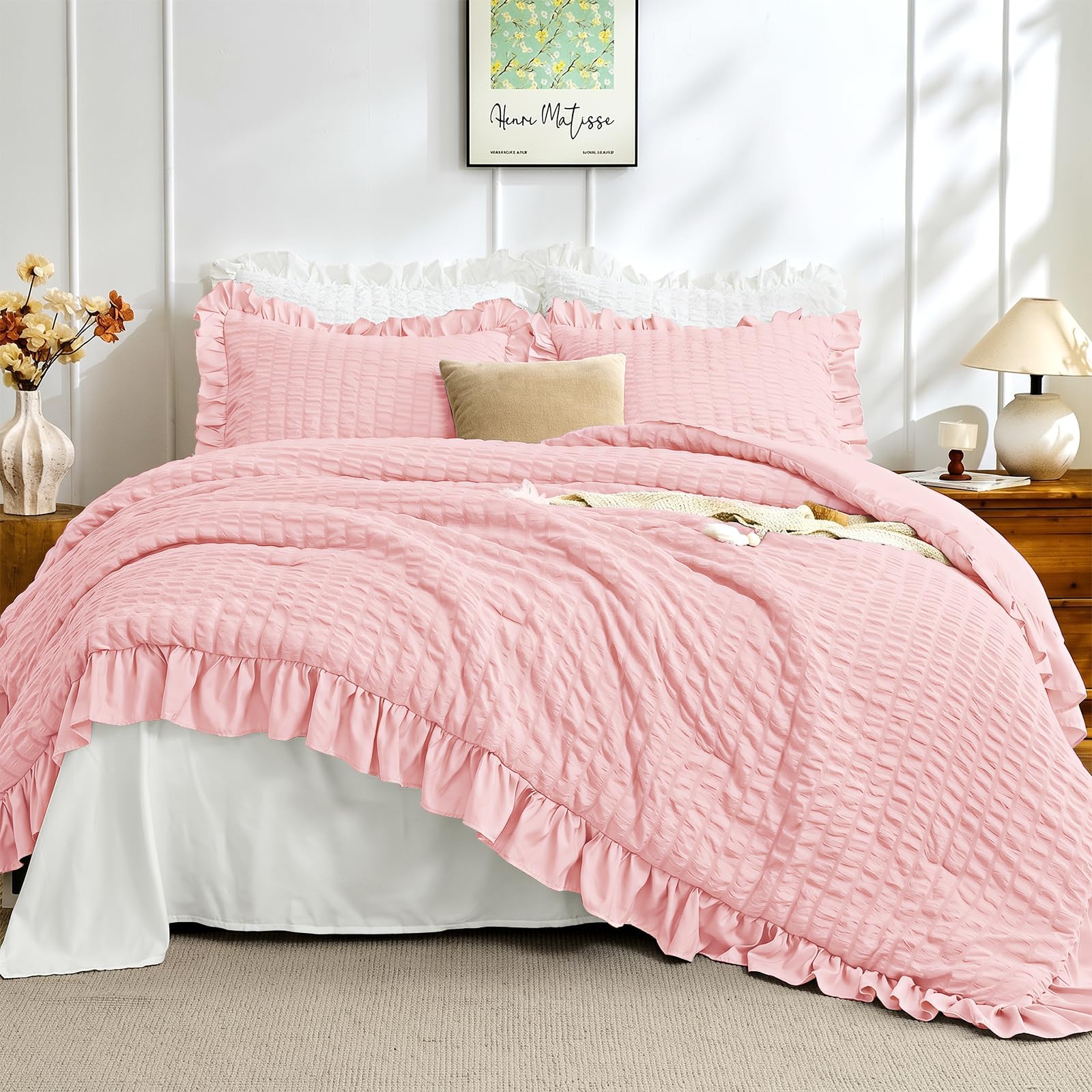 JOLLYVOGUE Pink Seersucker King Comforter Set, 3 Pieces Bed in a Bag Comforter Set, Lightweight &amp; Fluffy Bedding Sets King for All Season with 1 Ruffle Comforter and 2 Ruffle Pillowshams
