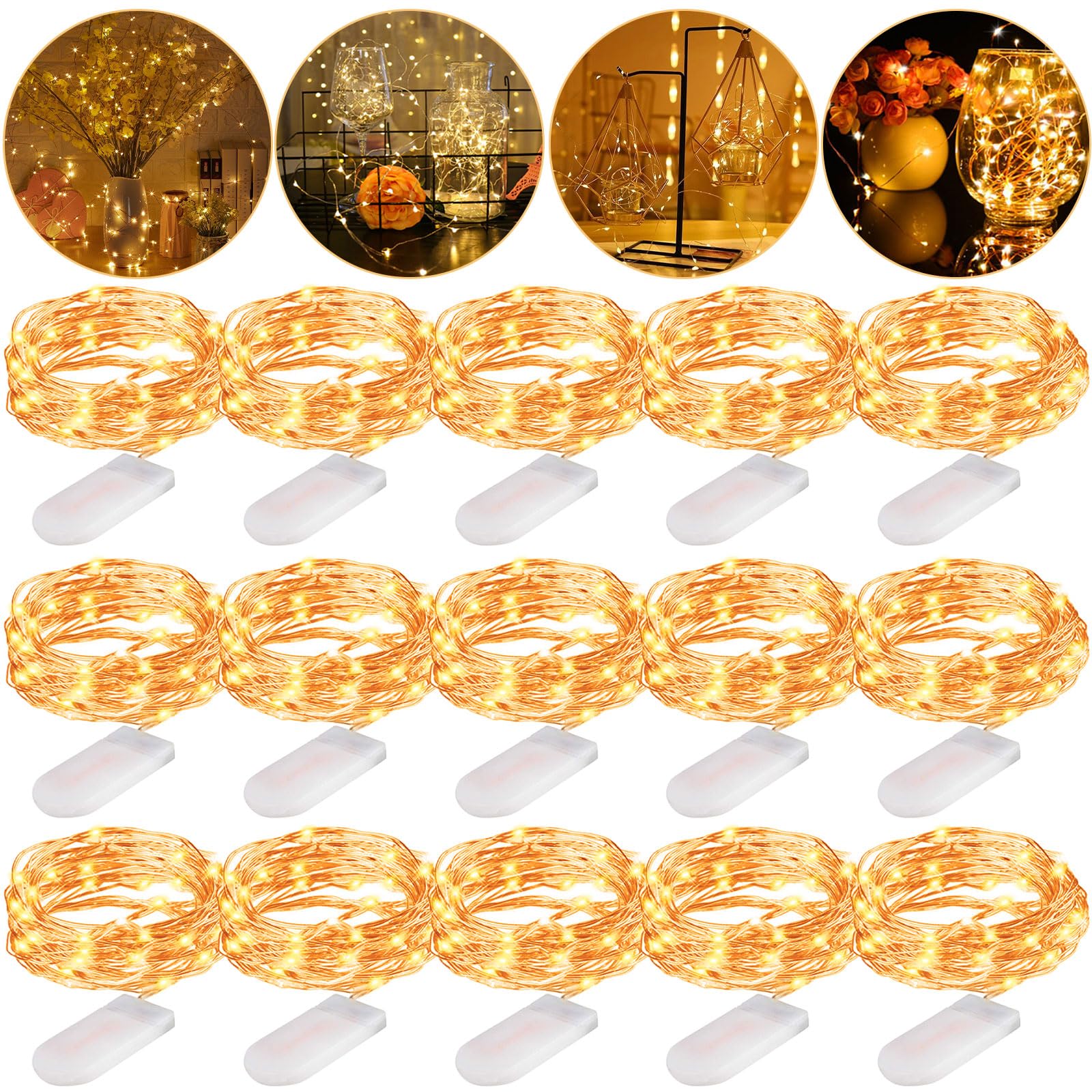 Frasheng 15 Piezas Cadena de Luces con Pilas,20 LEDs 2M Alambre de Cobre Guirnaldas Luces,Impermeable Luces Decorativas,Luces de Cadena Micro Cobre Impermeable,Guirnalda Cadena de Luces,para Navidad