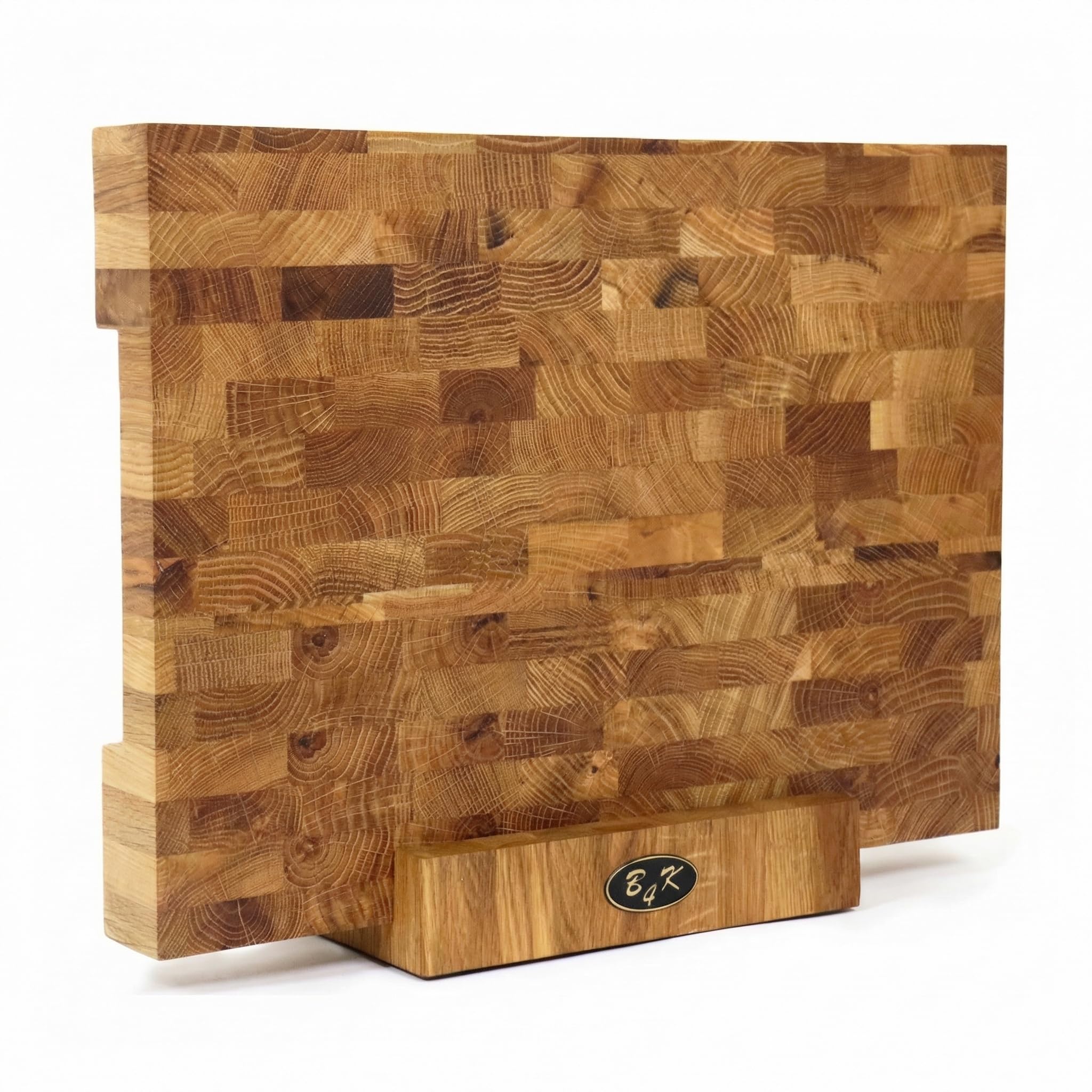B4K Hackblock aus Eiche Stirnholz, Schneidebrett Holz 37×27×4,3 cm, geölt, Griffmulden, rutschfest mit Silikonfüßen, messerschonendes Stirnholzbrett, inkl. Ständer