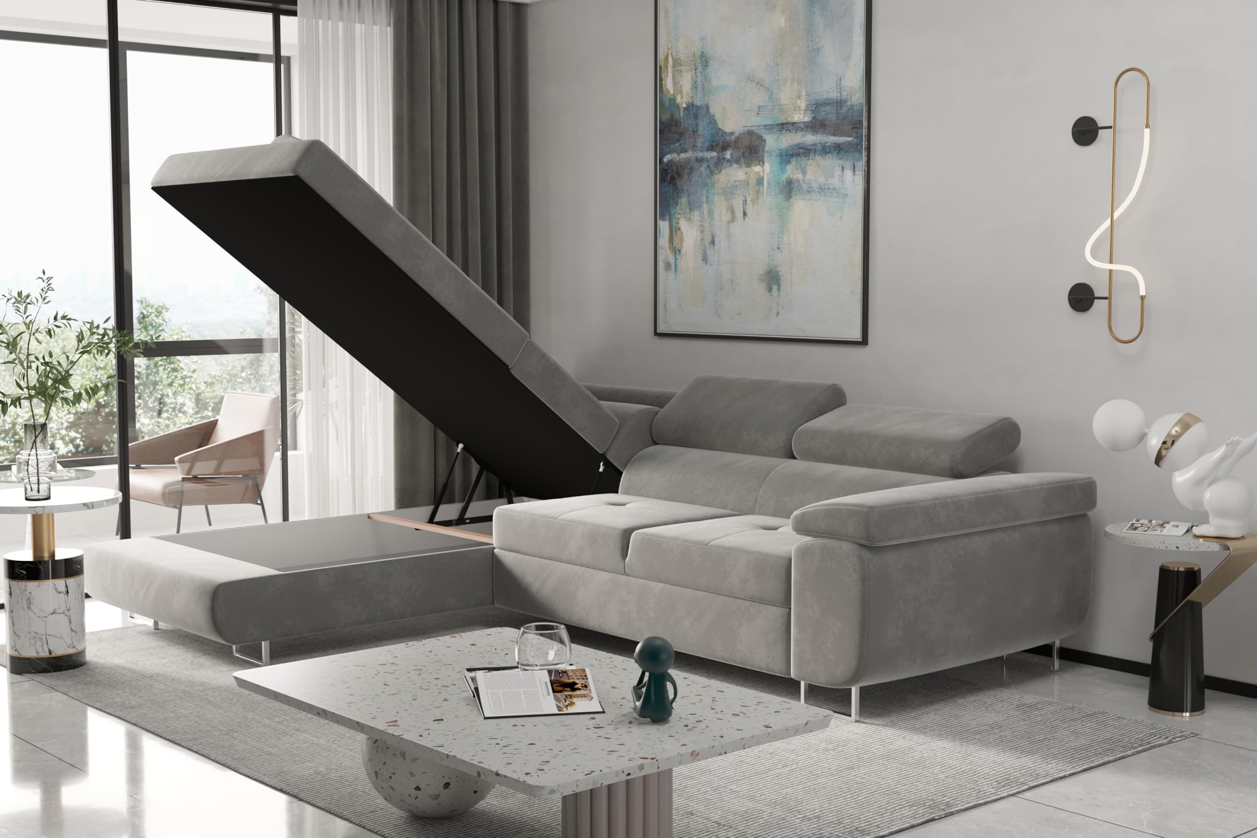 Atom Lux nowoczesna sofa narożna stylowa tapicerowana kanapa w kolorze jasnoszarym tkanina klasy A idealna do salonu wygodny i modny design