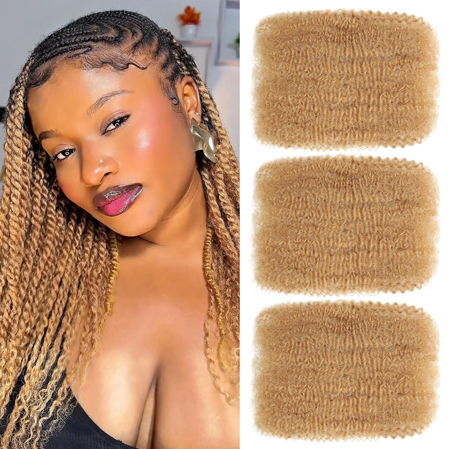 Afro Kinkys Bulk Human Hair for Dreadlock Extensions 3 Packs 150g/Pack Mini Twist Braiding Hair 4C Afro Kinky-Curly Human Hair Springy Twist for Repair Locs (27#