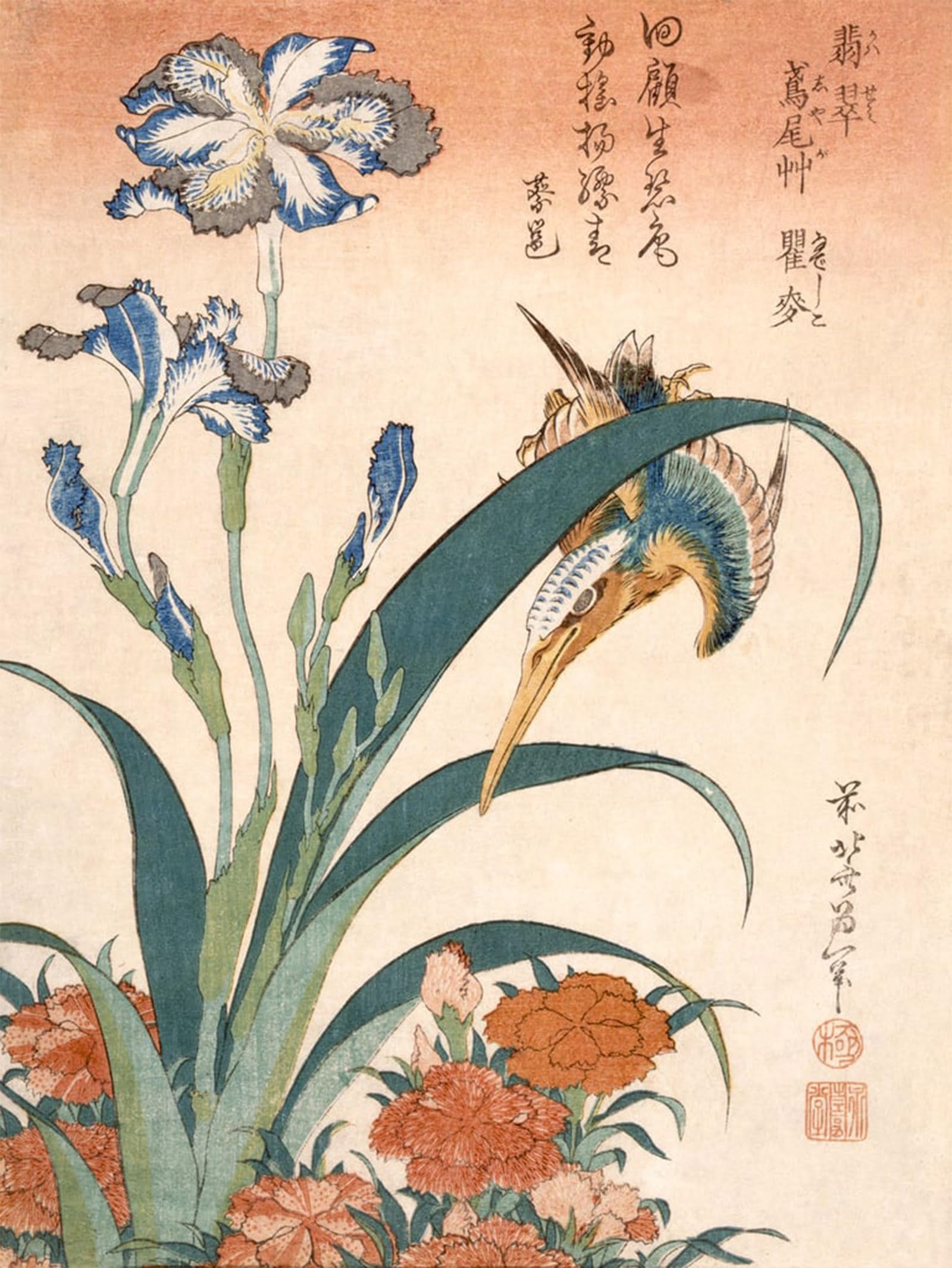 ARTXLXXBN Famous Painting Art Wall Decor Abstract Art Picture Kingfisher Irises and Pinks by Katsushika Hokusai Animal Pictures for Home Decor 60x90cm