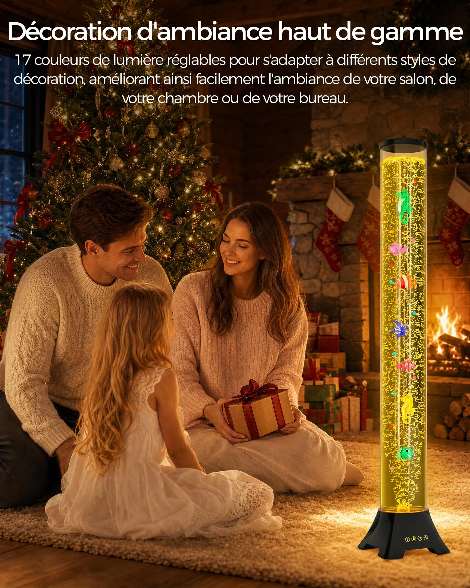 Radikor Colonne d'eau LED avec poissons, lampe Bubble Fish avec 2 pompes à air et 50 % de bruit en moins, 17 couleurs, télécommande de 10 m, lampe à bulles pour apaiser l'autisme/le TDAH, décoration