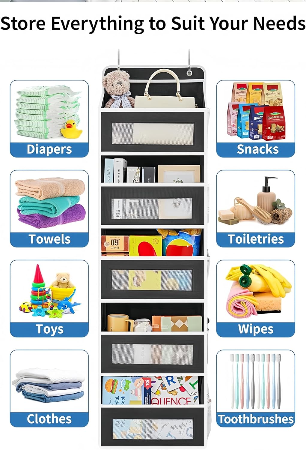 Over the Door Organizer, Large Capacity Closet Door Hanging Organizer with 5 Bins 10 Side Pockets, Hanging Bathroom and Bedroom Organizer for Bedroom, Bathroom, Pantry, Nursery
