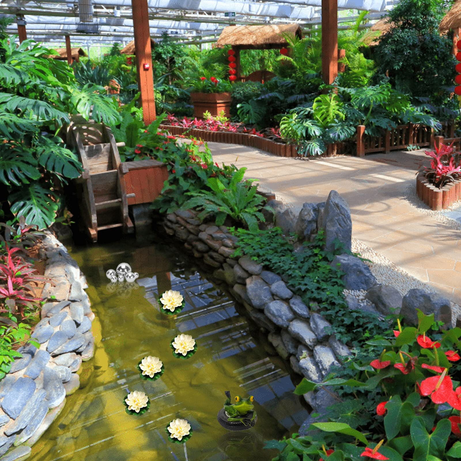 Set de decoración para Estanque de jardín, Dos Ranas con Bolas de Plata y 2 Unidades de Flor de Loto como decoración de jardín para Estanque pequeño (Rana de Espalda)