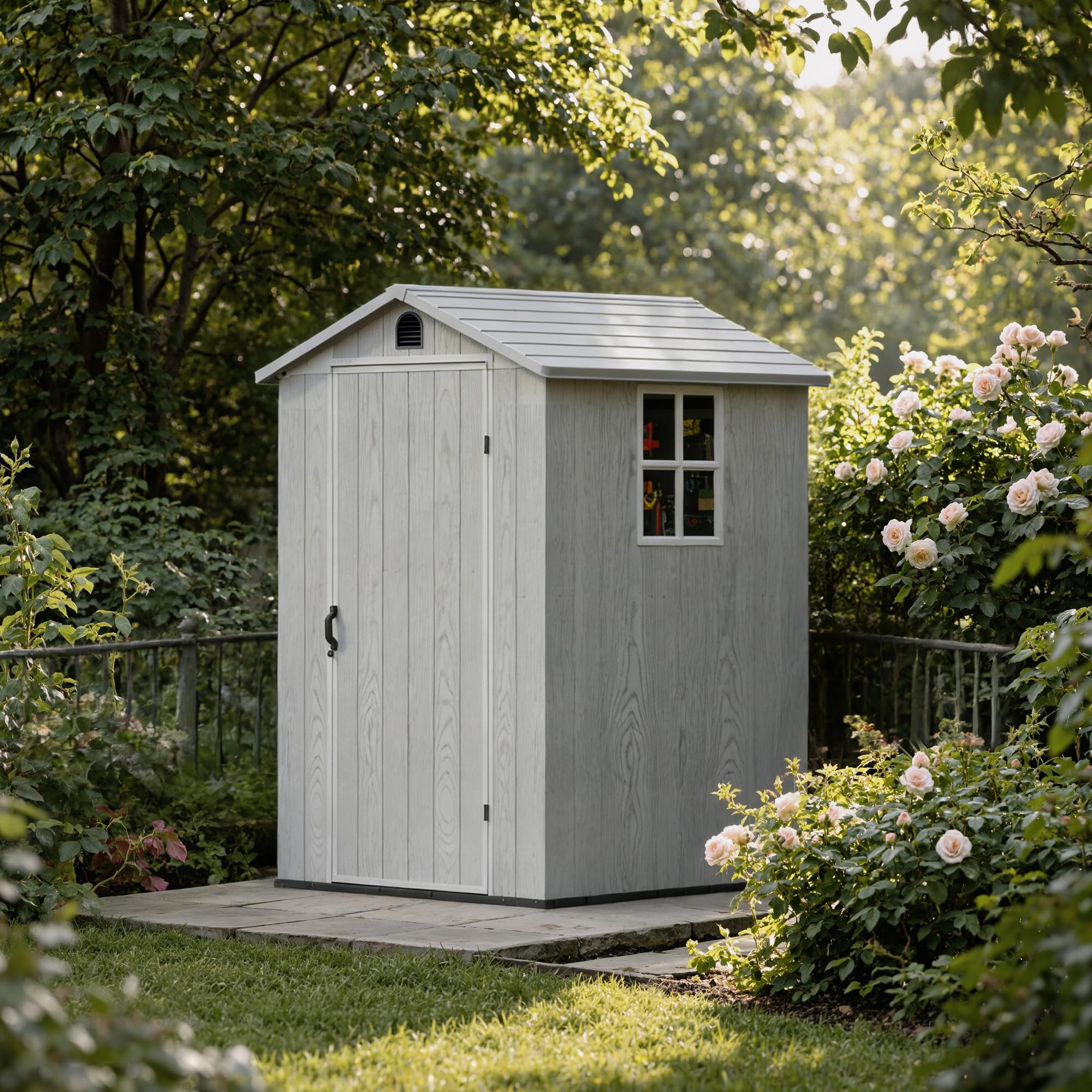 Devoko 4x4 Gartenhaus 2,3m³, Kunststoff, 116x116x195 cm Gerätehaus mit Boden, Geräteschuppen mit Abschließbar Tür und Belüftung, Draußen, Wetterfest für Garten Rasen, Hellgrau