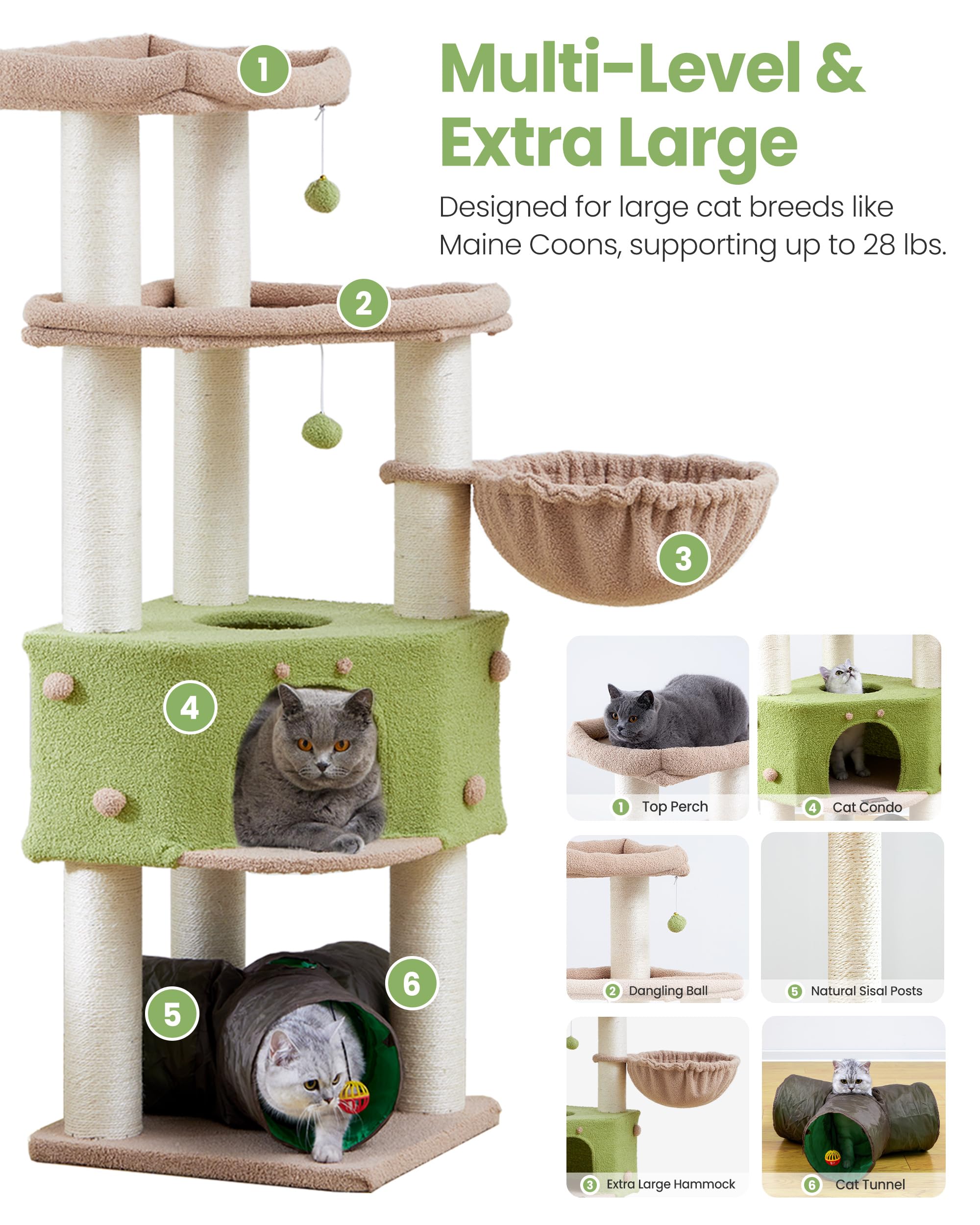 Heavy Duty Cat Tree for Large Cats Adult - 60 Inch XXL Sturdy Cat Tower Condo with Extra Wide Scratching Posts (&phi;4.4in) Big Cat House Hammock Perch - Indoor Wood Modern Multi Level Corner Cat Bed - image 2