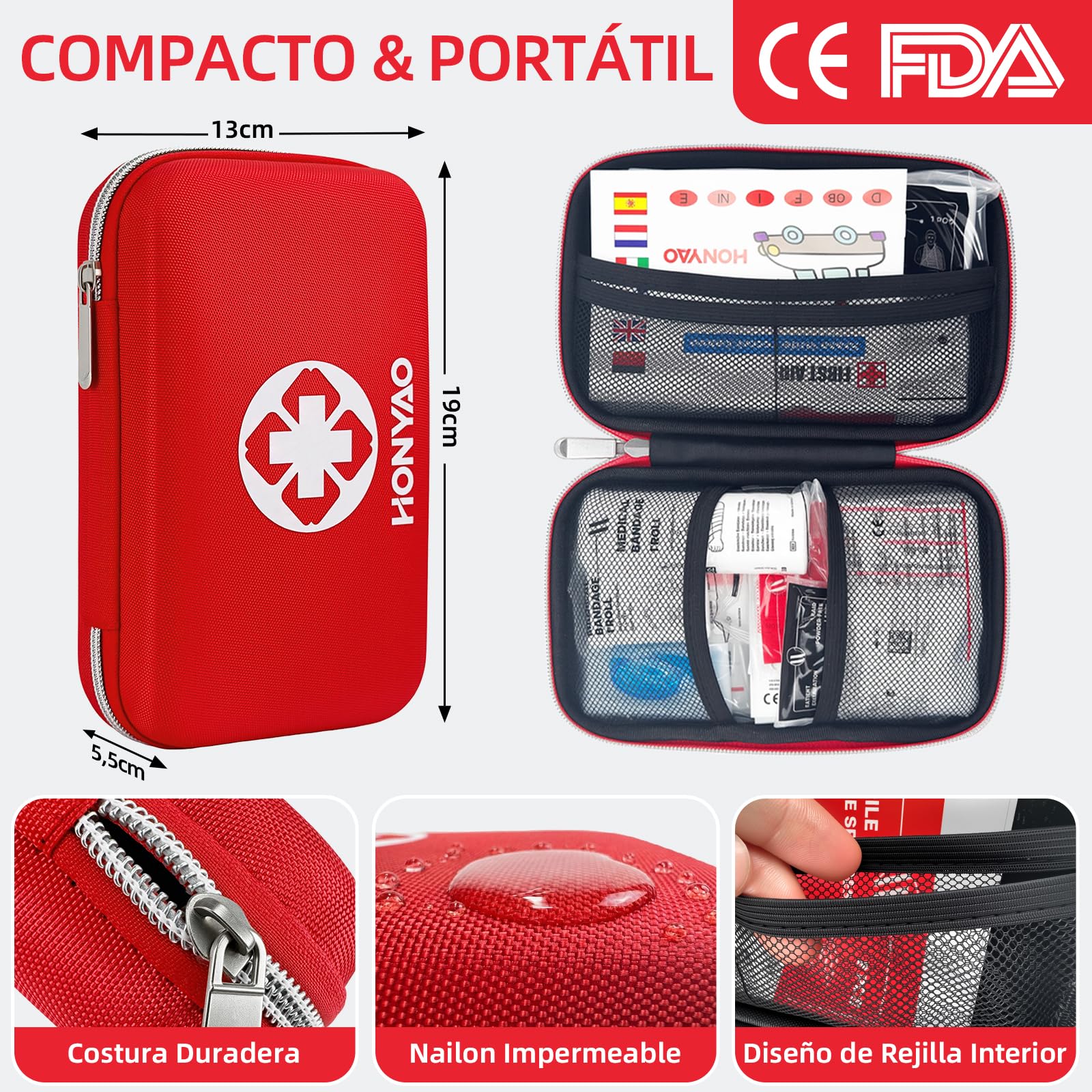 HONYAO Botiquín de Primeros Auxilios de 200 piezas, Mini Kit de Supervivencia Bolsa Médico de Emergencia Completo para Hogar Coche Barco Lugar Trabajo Mochila y Acampar Senderismo Viaje