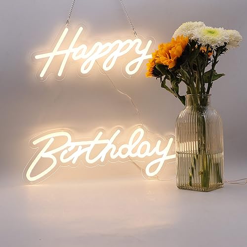 Letrero de neón de feliz cumpleaños, 13 pulgadas + 18 pulgadas de cumpleaños grande blanco LED decoración para fiesta HB, pared, hogar
