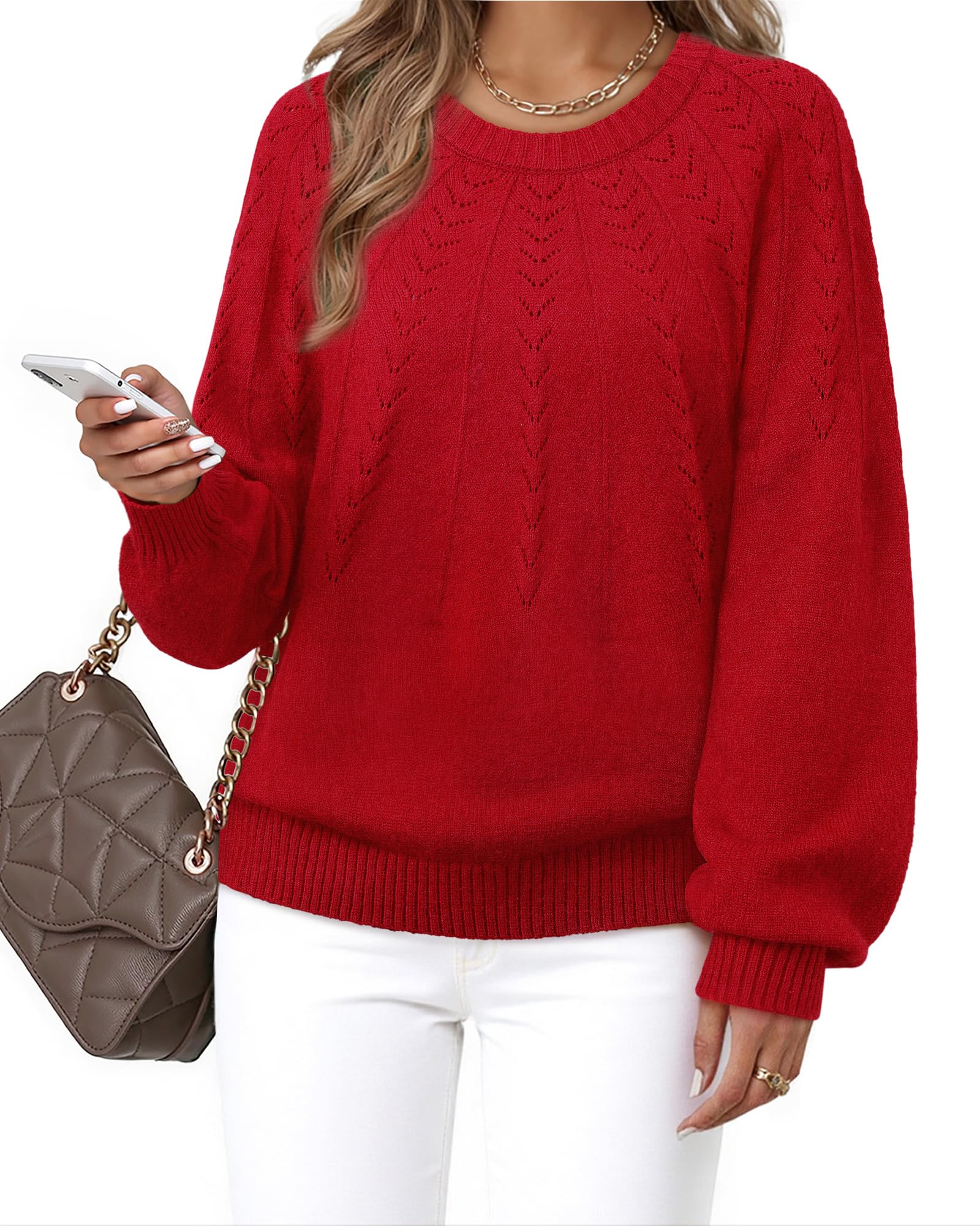 VALOLIA Womens Pullover Sweaters 2025 Long Sleeve Crewneck Casual Loose Pleated Knit Tops