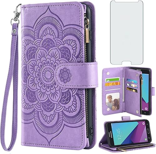 Miniatura 1 de Asuwish Compatible con Samsung Galaxy J3 Luna Pro J 3 Prime 2017 Emerge 3J Eclipse Mission Wallet Case y protector de pantalla de vidrio templado