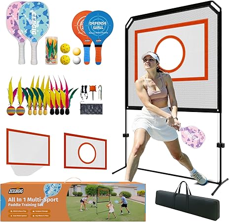 Indoor Paddle Game with Net – All in One Outdoor & Indoor Set with Removable Target and Ball Catch Net– Combines Pickleball, Badminton & Tennis for Family or Solo Fun
