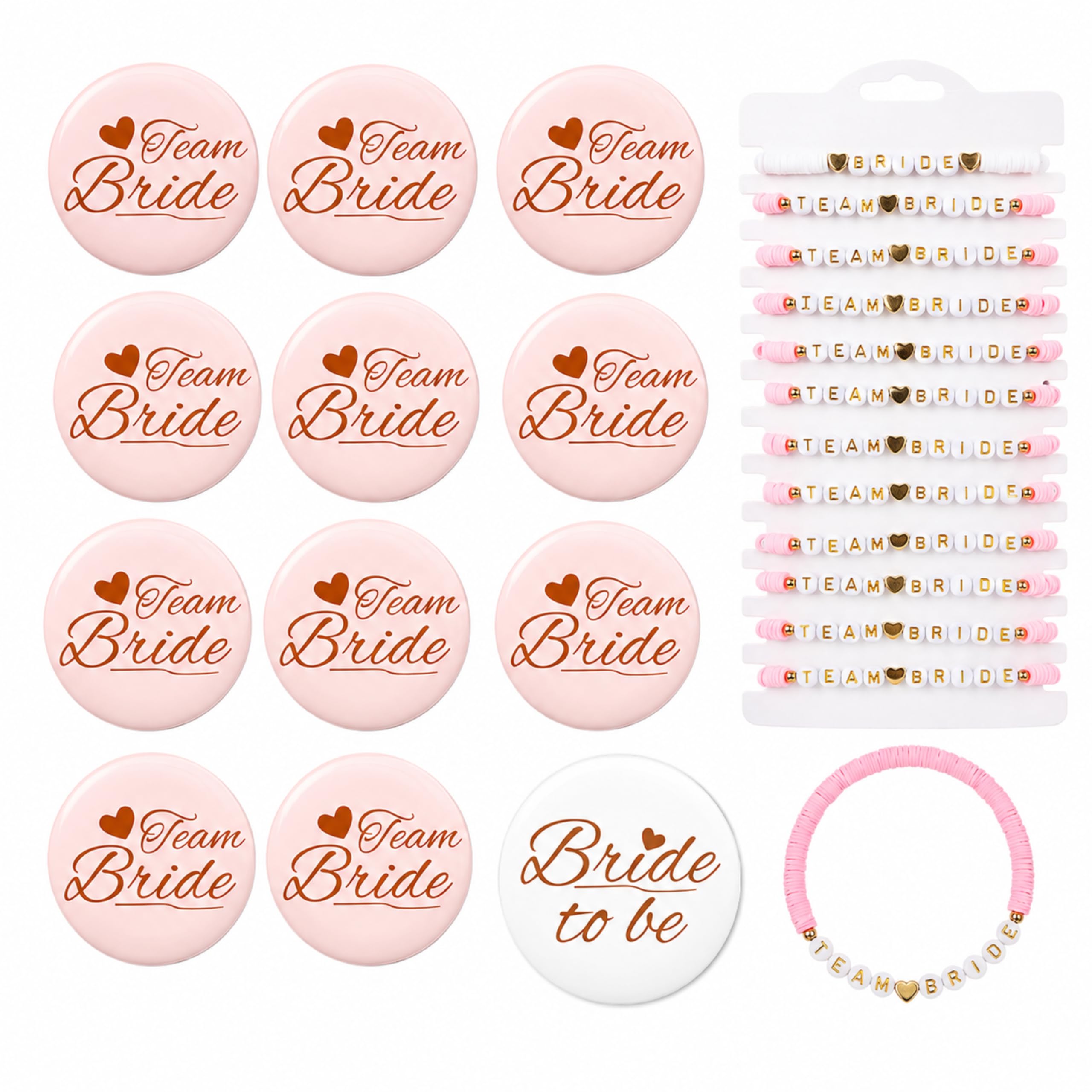 24 PCS Team Bride Bracelet Set, 1 Bridal Bracelet, 11 Bridesmaid Bracelets and 12 Bride Badges, Hen Party Bracelet, Acrylic Beaded Heart Bracelet Team Bride Gift for Wedding Bachelorette Party