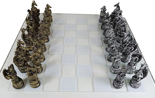 Miniatura 3 de Ebros - Juego de ajedrez de resina con diseño de dragón de color plateado y dorado, juego de ajedrez de resina con vidrio esmerilado, juego de mesa