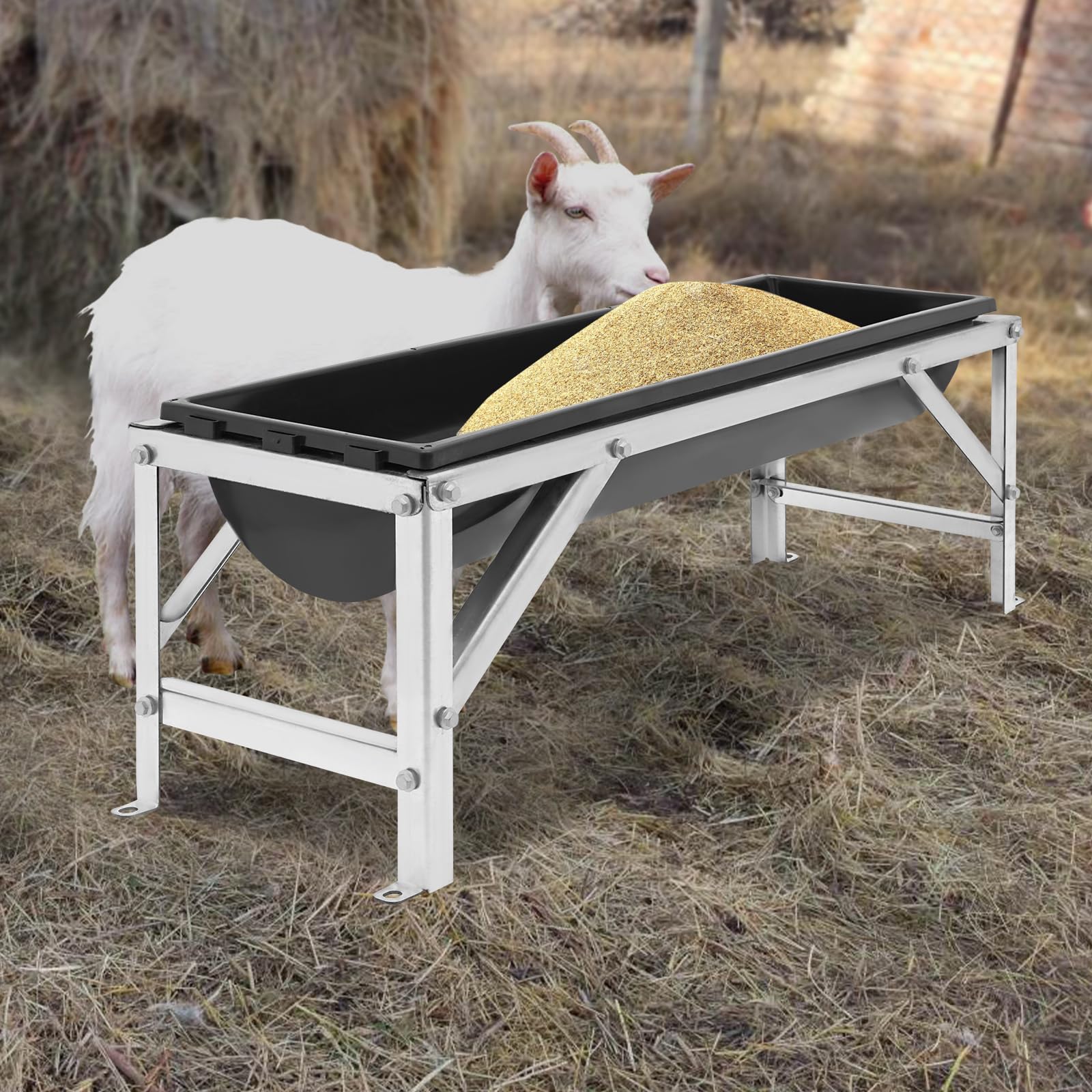 Mangiatoia grande volume, 35 l, con supporto, design aperto su entrambi i lati, per cavalli, capre, pecore, mucche, maiali