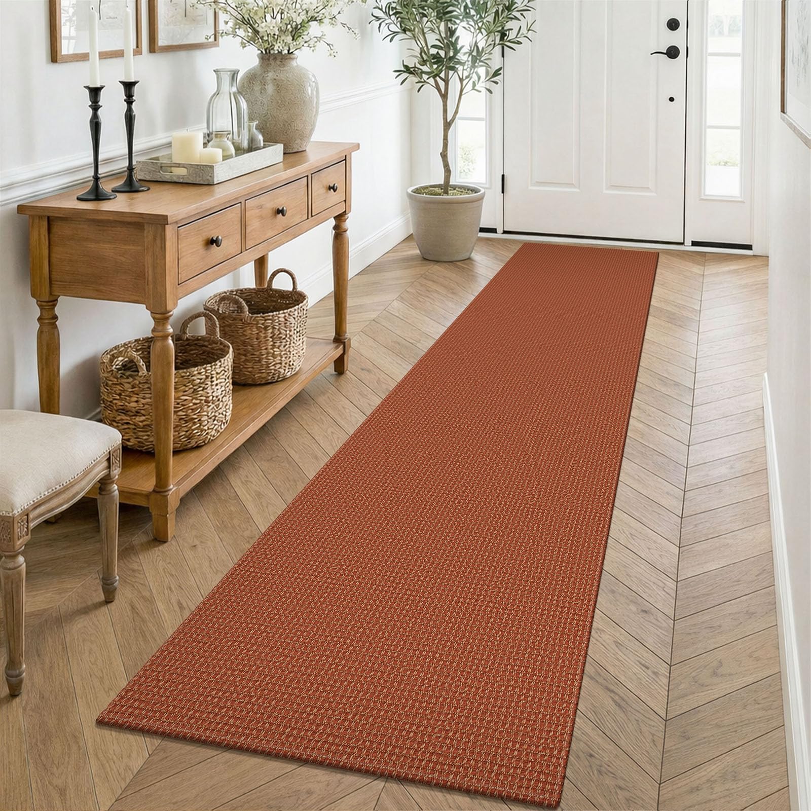 KOZYFLY Orange Runners for Hallway 2x8, Washable Runner Rug, Woven Non Slip Kitchen Runner, Braided Entryway Rug, Floor Carpet for Foyer, Bedroom, Hall, Burnt Orange/Tan