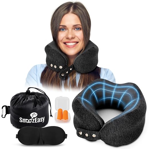 SnoozEasy Adult Travel Pillow | High Density Memory Foam Neck Pillow for Airplane | Adjustable Fly Pillow with Eye Mask, Earplugs, Carry Bag and Carabiner | UK Brand