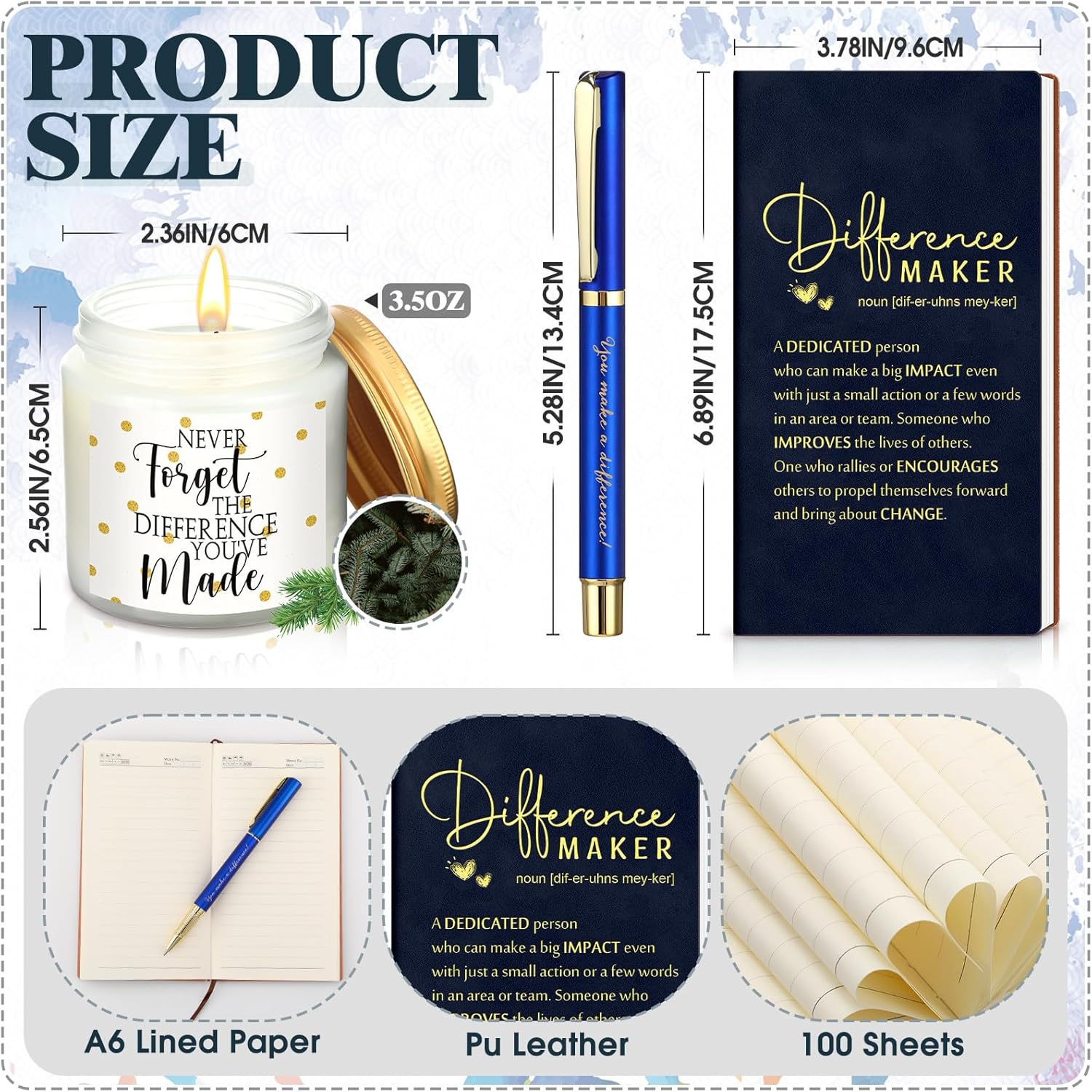 Vesici 4 Pcs Difference Maker Gift for Women Men Difference Maker Mug Notebook Candle Motivational Pen Employee Appreciation Gift for Volunteer Paraprofessional Coworker Secretary(Navy Blue,Word)