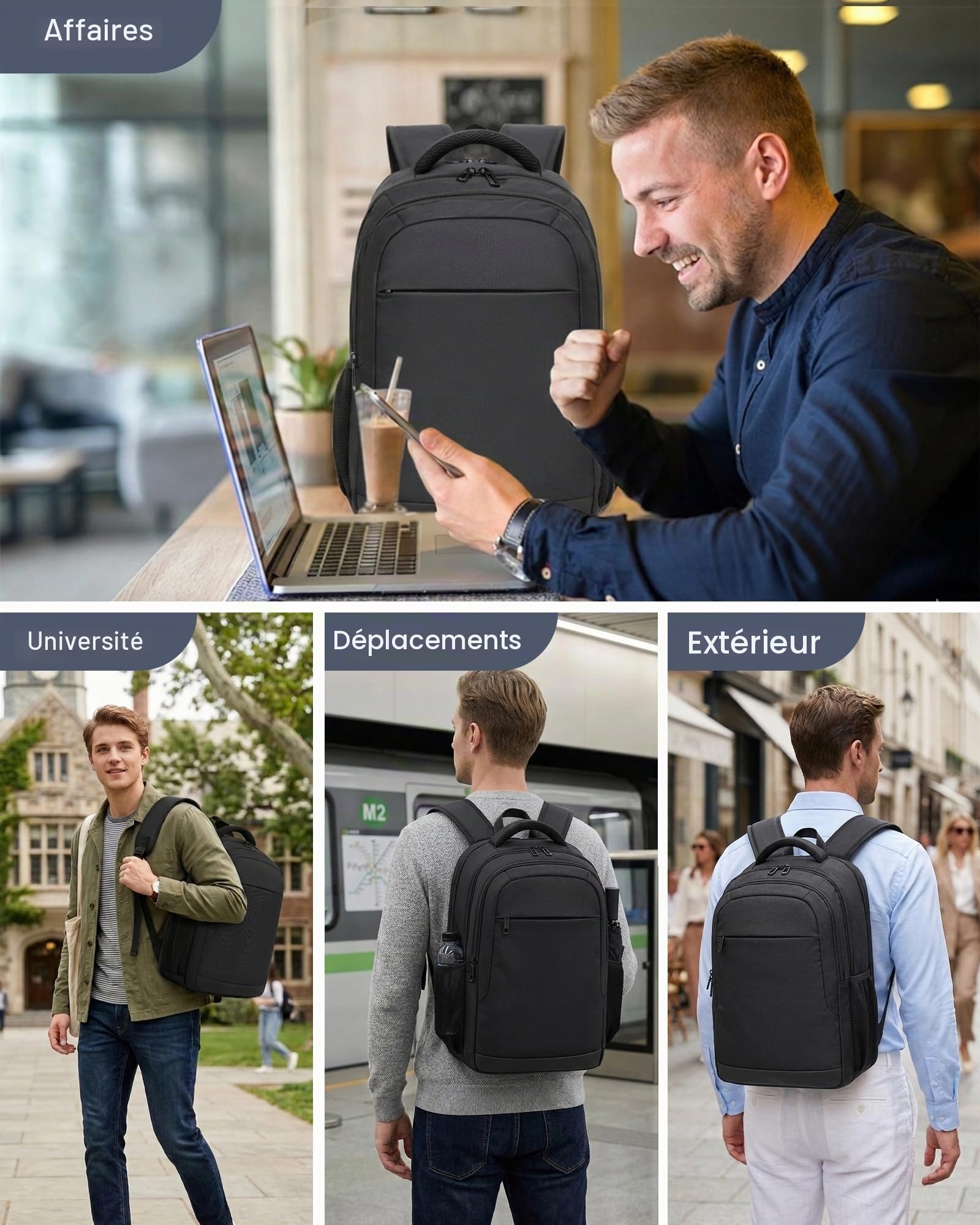 Sac à Dos Ordinateur Portable 15,6 Pouces Homme Femme, Noir | Ouverture 180°, Compartiment PC Rembourré, Poche Antivol, Multiples Poches, Dos Respirant, Bureau, Université, Voyage