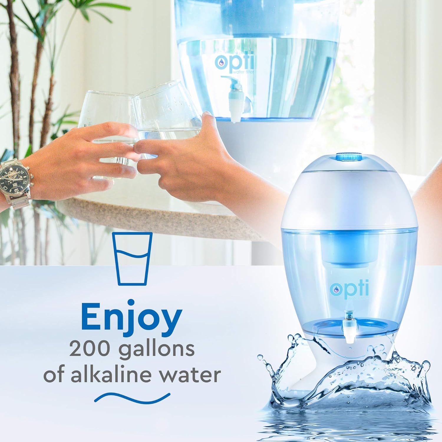 Two people toasting with glasses of water from the Opti DROP filter, symbolizing enjoying 200 gallons of alkaline water.