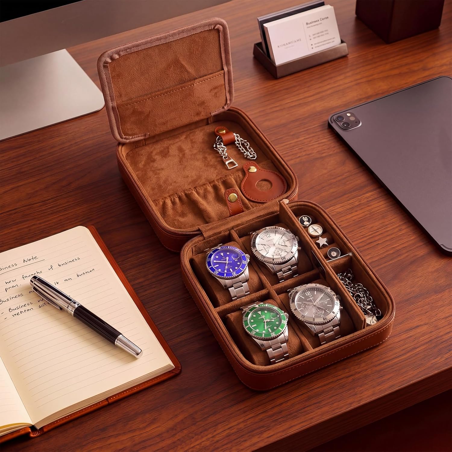 Travel Watch Case for Men 4 Slots PU Leather Mens Father Jewelry Box with Compartments Zippered Portable Watches Cufflinks Accessories Storage Case Gift(Brown)