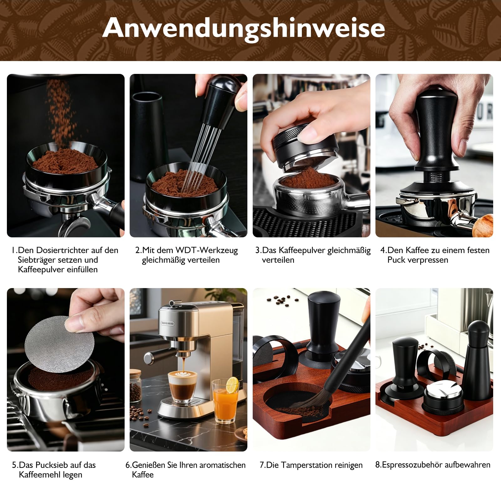 Espresso Tamper 58mm Set, 7-teiliges Barista Zubehör mit Tamper, WDT Tool, Distributor, Dosiertrichter, Puck Screen, Tamperstation und Reinigungsbürste