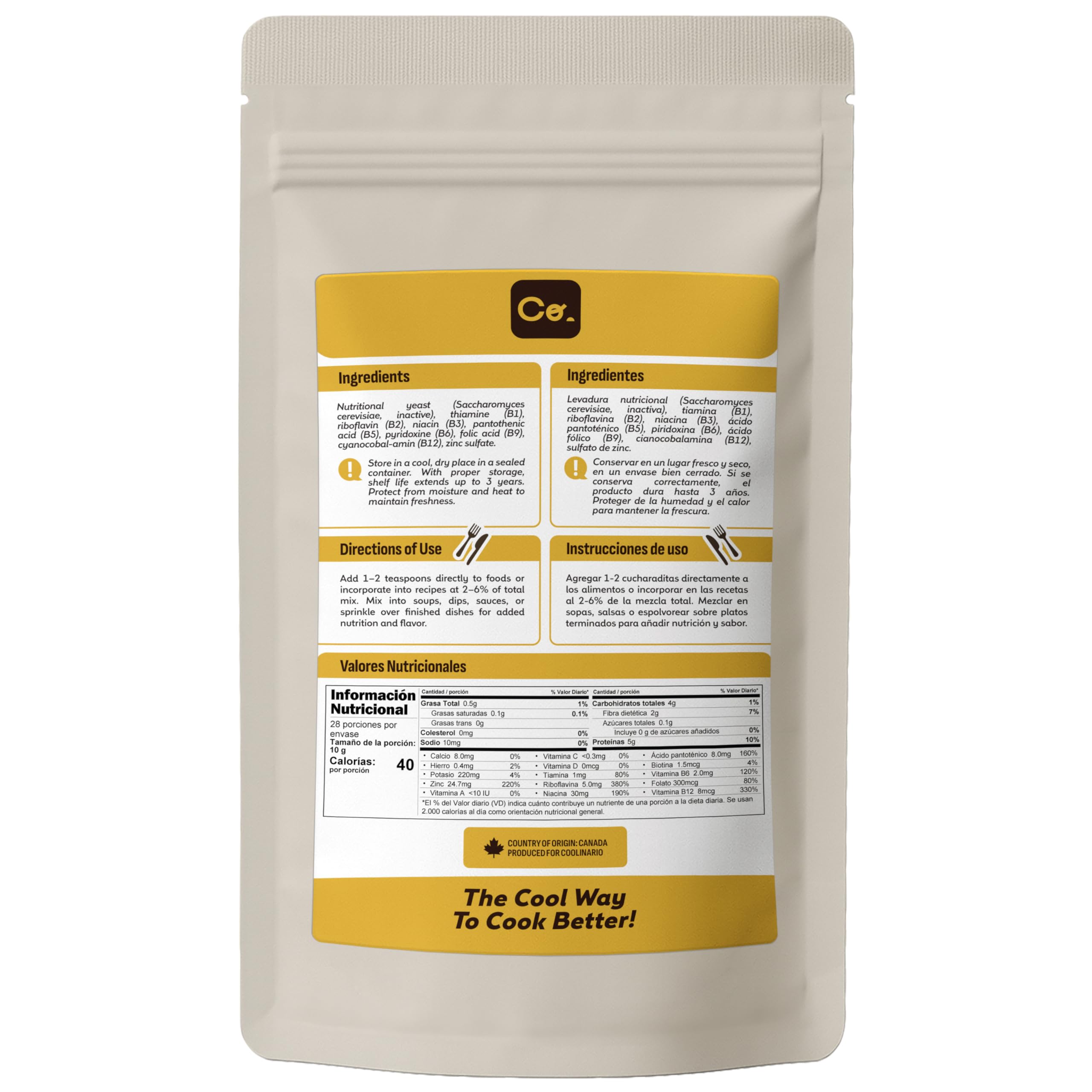 Coolinario Levadura Nutricional Fortificada 283.5 g Condimento Vegano Sabor Queso Rica en B12 Proteína Fibra