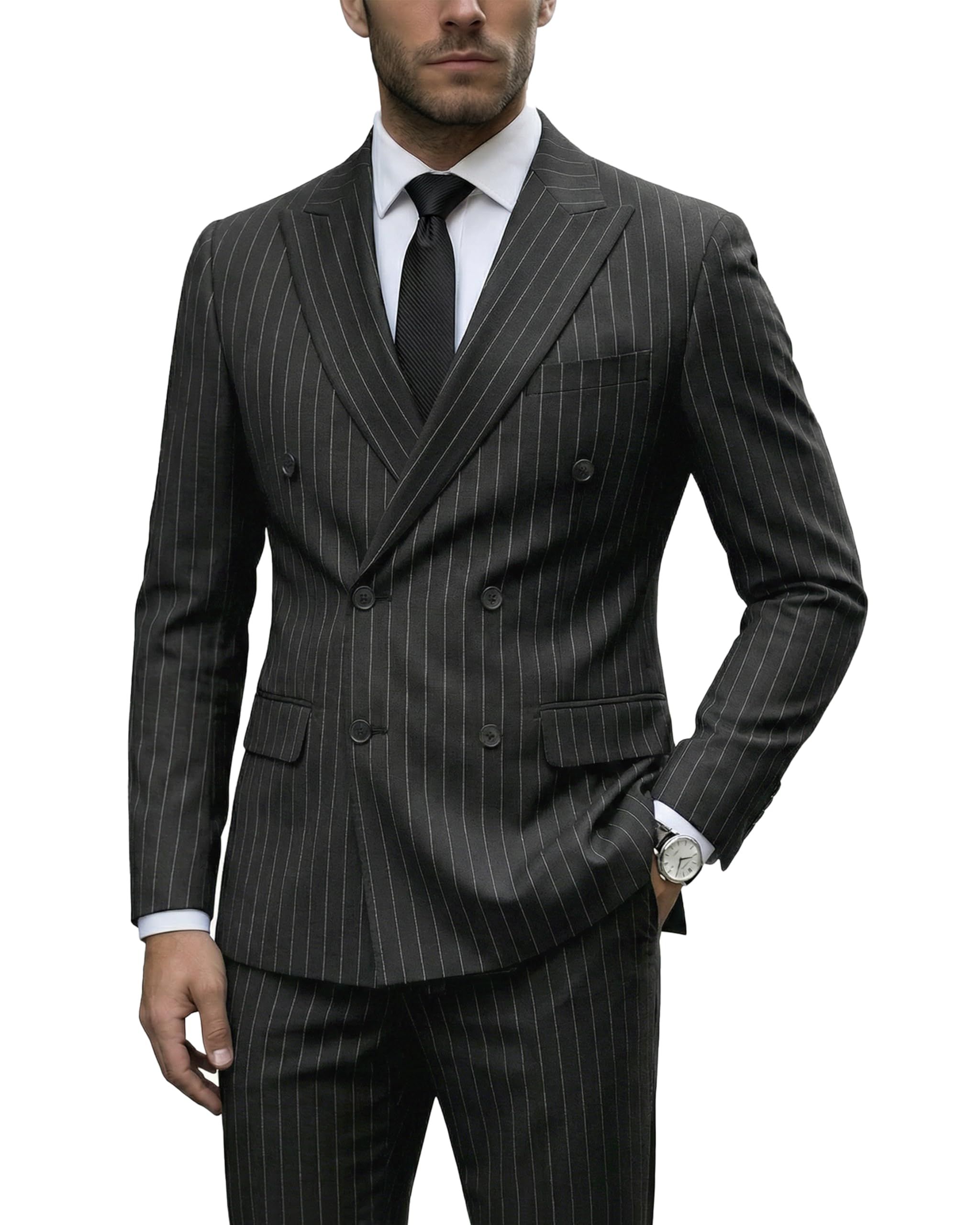 YND Men's 2 Piece Double-Breasted Suit, Slim Fit Stripe Tuxedo Set with Tie, Party Wedding Dress Blazer, Tux and Trousers