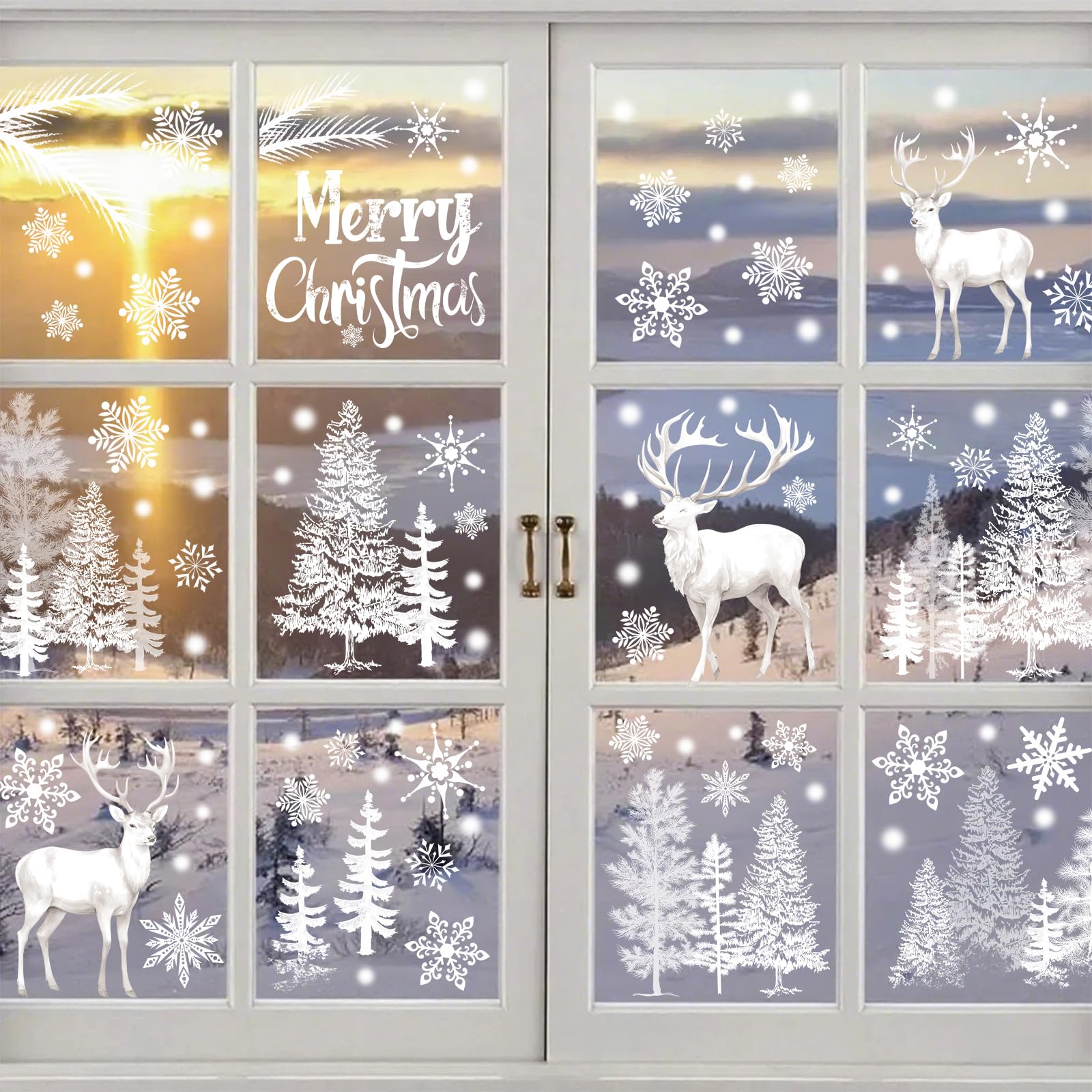 DERAYEE 9 Sheets Christmas White Window Stickers, Christmas Window Clings Merry Christmas Reindeer Xmas Tree Snowflake Sticker for Window Decorations