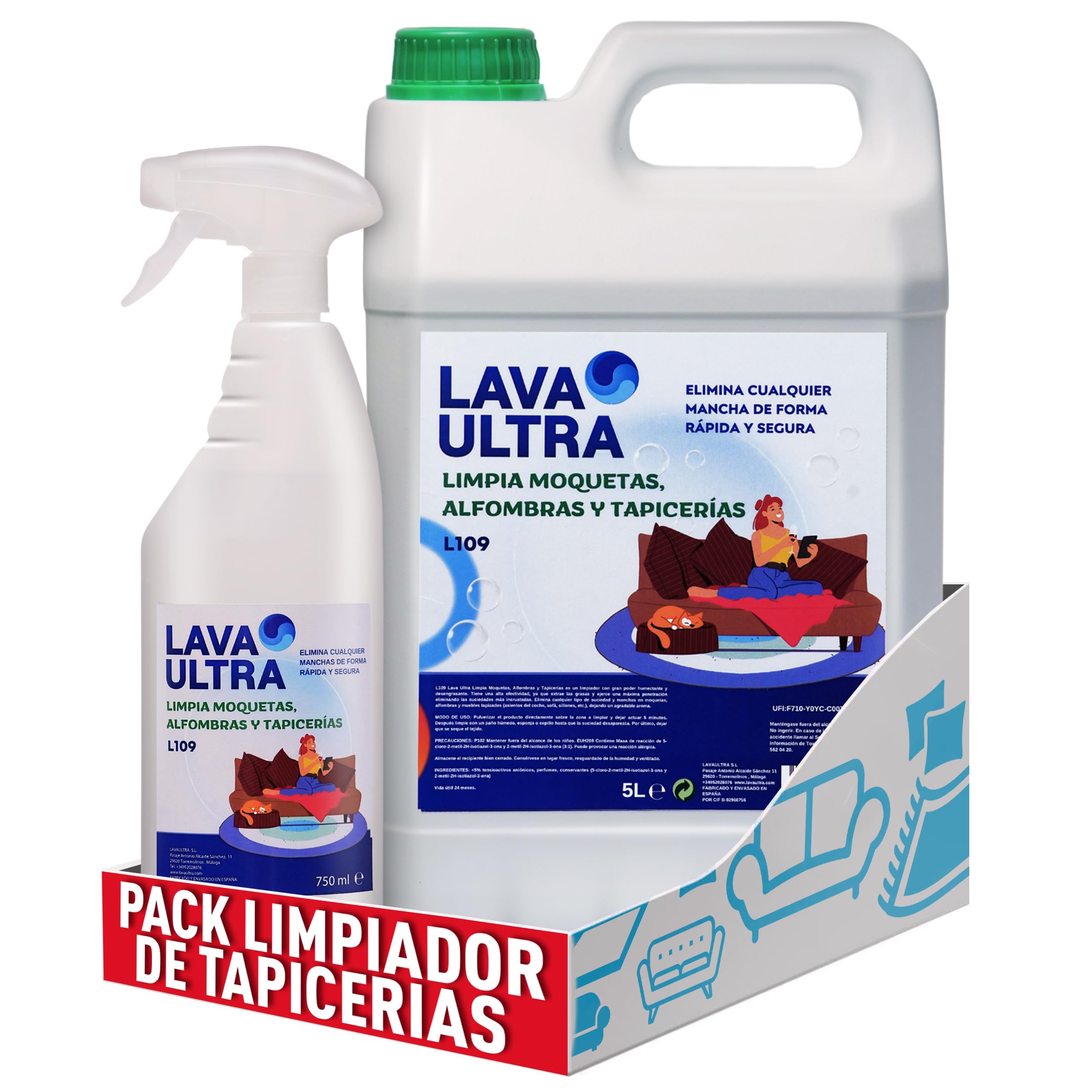 L109 5L Limpiador para Moquetas y Tapicerías, Limpiador para Alfombras, Sofás y Textiles en Spray, Eficaz Contra Manchas Difíciles (5L.+ 750ml.)