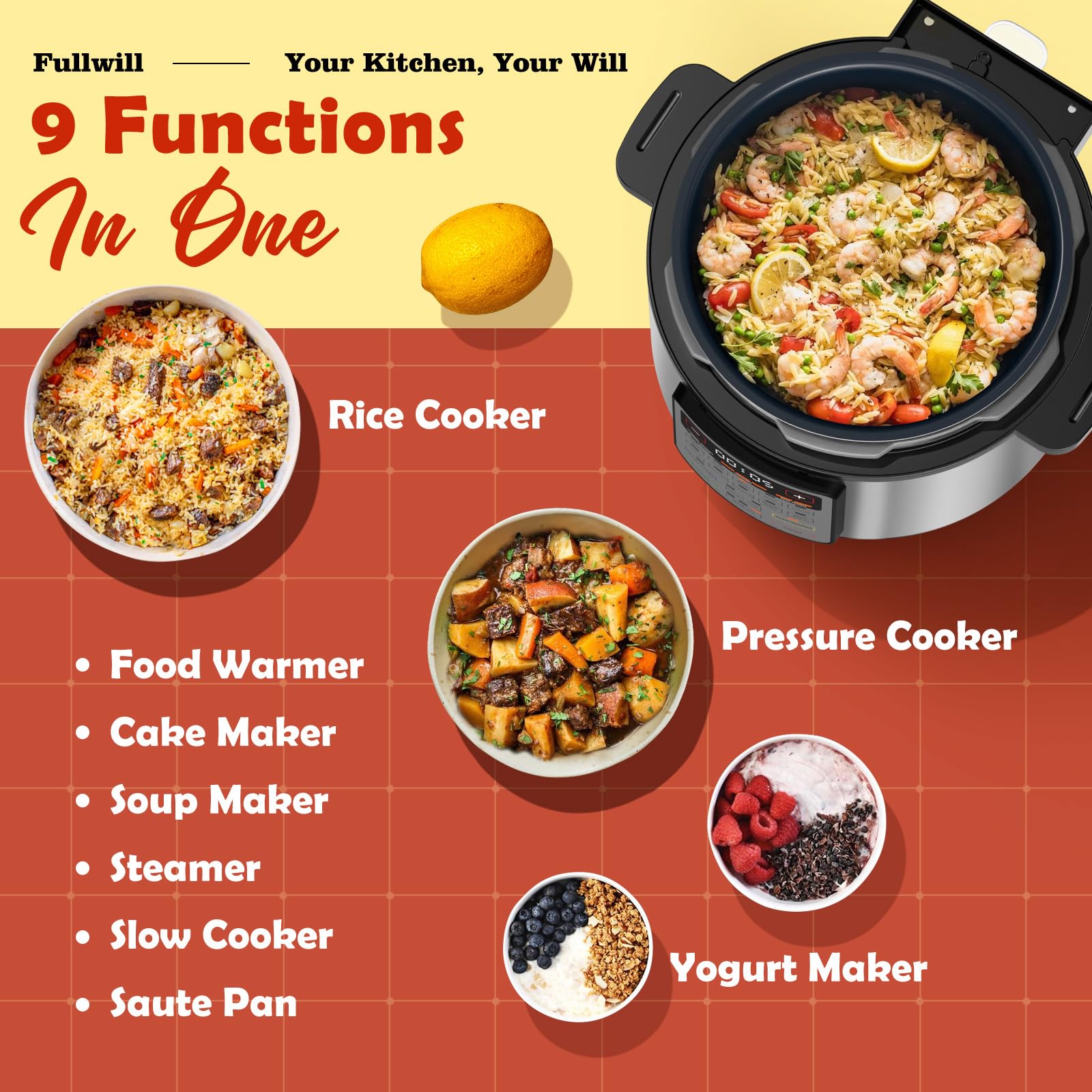 Fullwill Electric Pressure Cooker Uni 6qt, 9-in-1 Multi-Functional Slow Cooker, Rice Cooker, Yogurt Maker, Cake Maker, Sauté Pan, Steamer, Food Warmer, Soup Maker