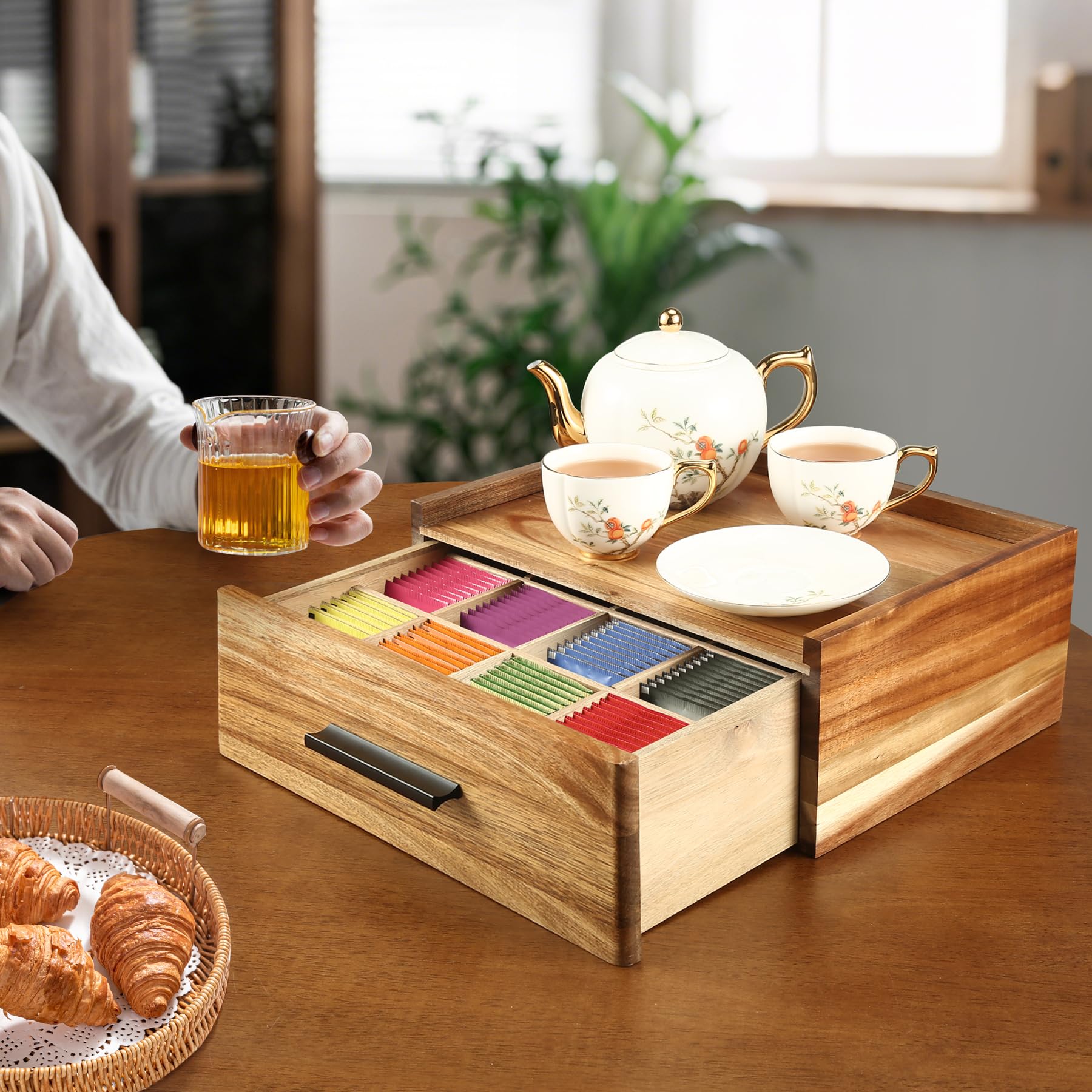 Organisateur de sachets de thé en Bois d'acacia - Boîte à thé avec 12 Compartiments, Coffret de Rangement avec tiroir, Accessoires pour thé et Rangement des sachets, Station de thé pour comptoir