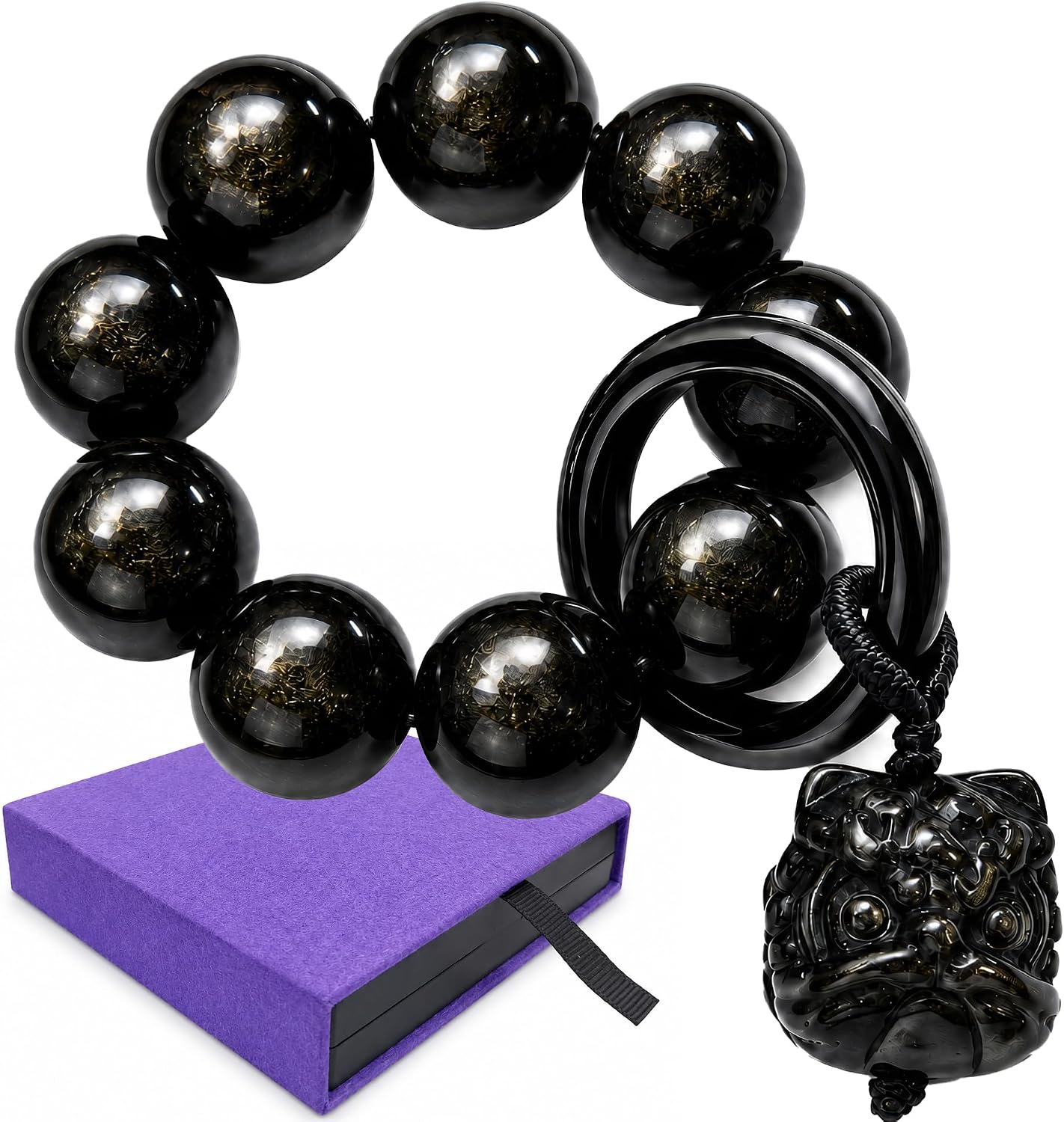 Gold Sheen Obsidian Handheld Worry Beads: Meditation Mala for Anxiety Relief, Zen Healing Stone with Lion Amulet & Floating Gift Box - Black