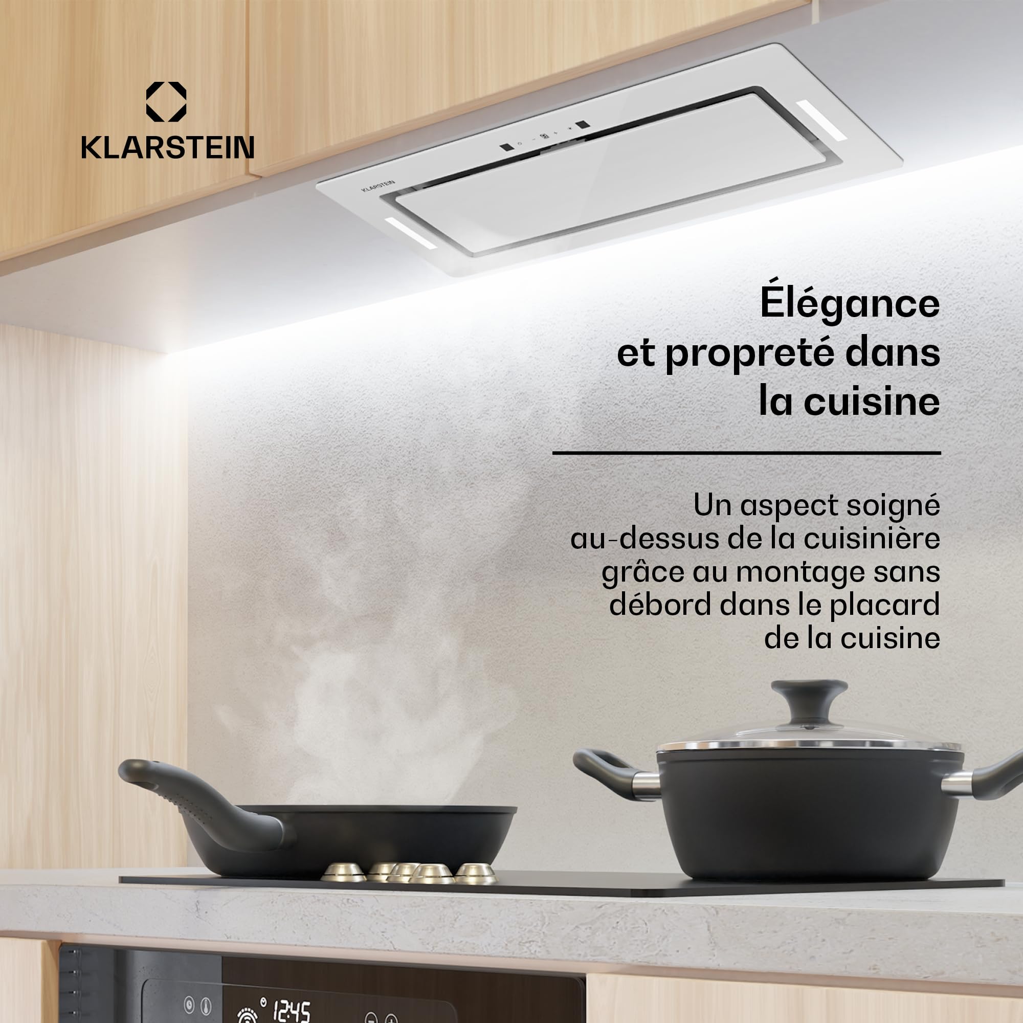 Klarstein Hotte Aspirante Encastrable 72 cm, Hotte Aspirante Silencieuse, de Cuisine avec Lampes LED, Débit d'Air Puissant 466 m³/h, Minuterie, Commandes Tactiles, avec Évacuation