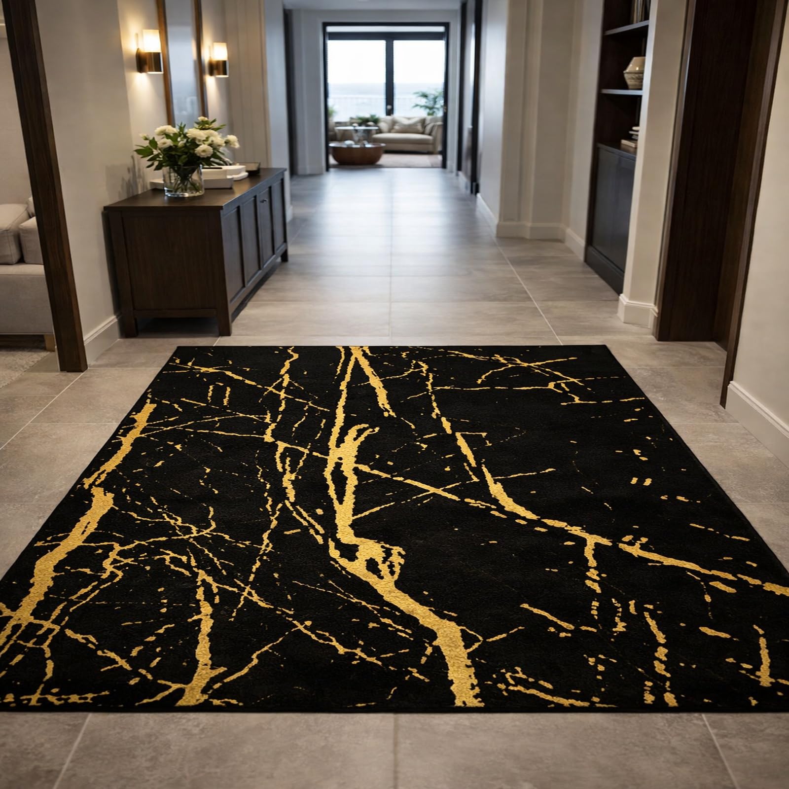 Tapis de salon chambre poils ras noir jaune 120x200 cm moderne