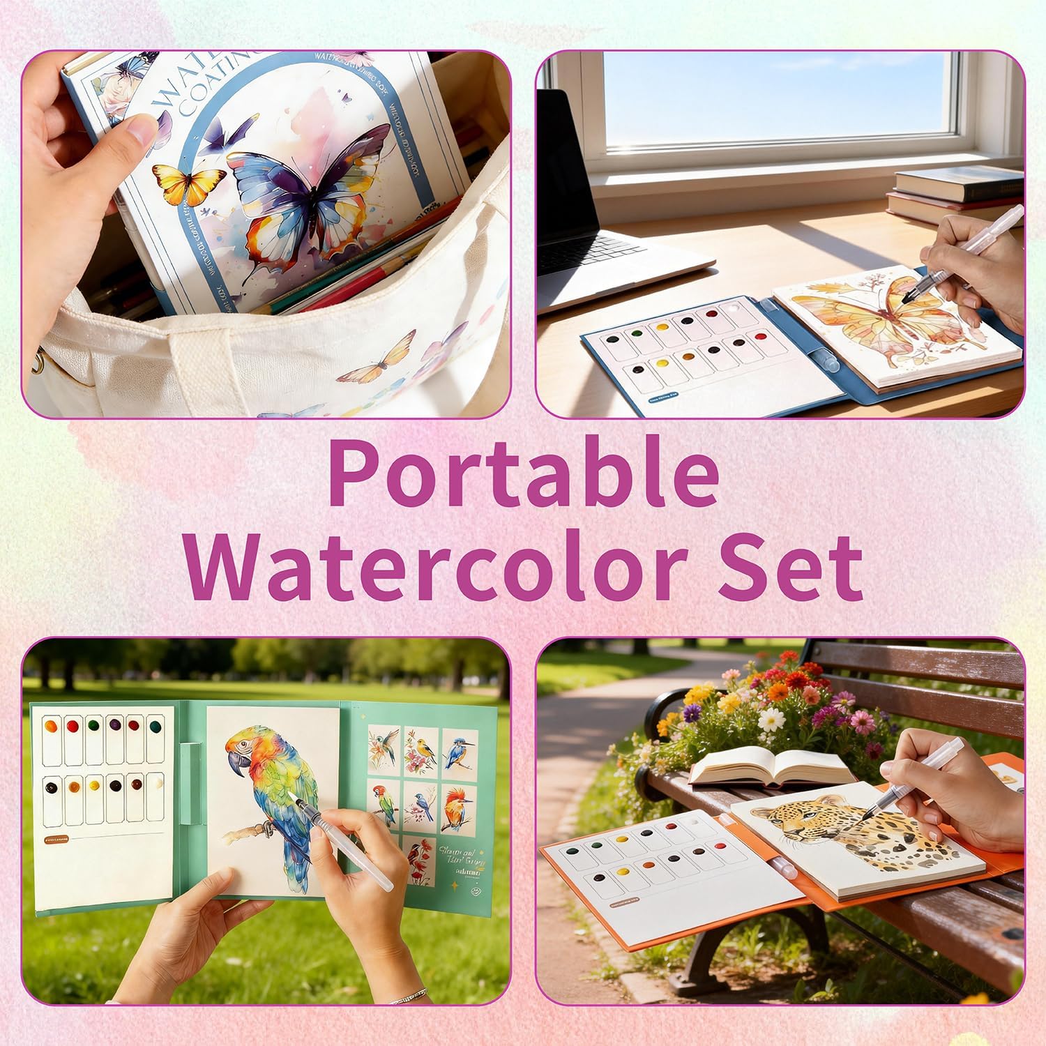 Watercolor Painting Book for Adults - All-in-One Travel Art Set for Beginners, Art Kit with 3-Fold Pad, Creative Stress Relief Watercolor Workbook Bird