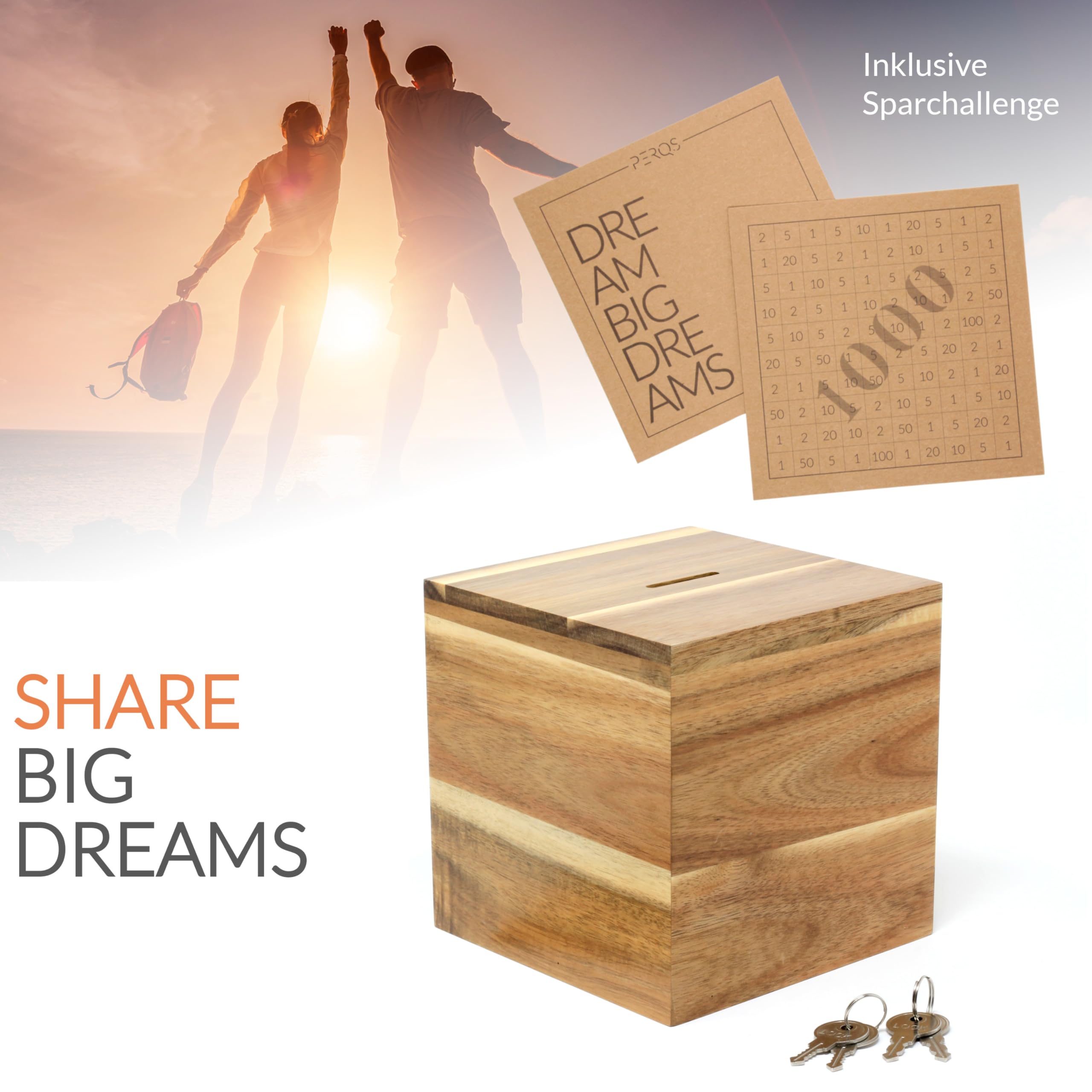 Big Dreams Box – Salvadanaio in legno con doppia serratura | Sfida di risparmio per coppie | Regalo originale per matrimonio e anniversario | Per viaggi, vacanze e sogni condivisi