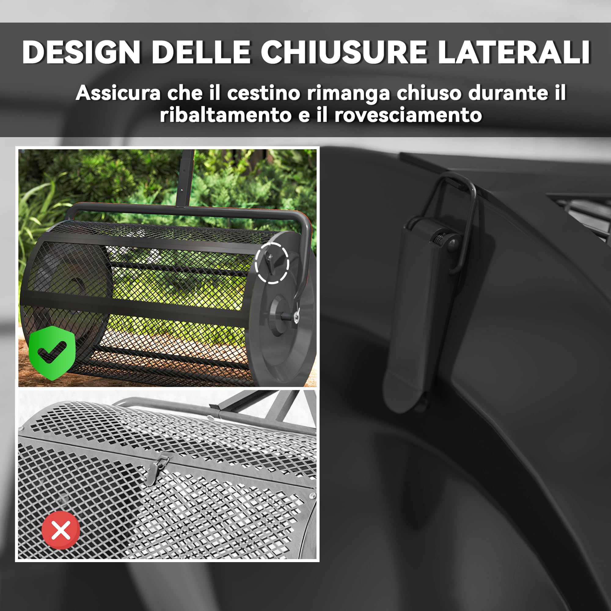Outsunny Spandiconcime da 75L Manico a T Regolabile 70x40x112 cm Nero | Maniglia Imbottita, Rullo per Prato da Giardino in Metallo