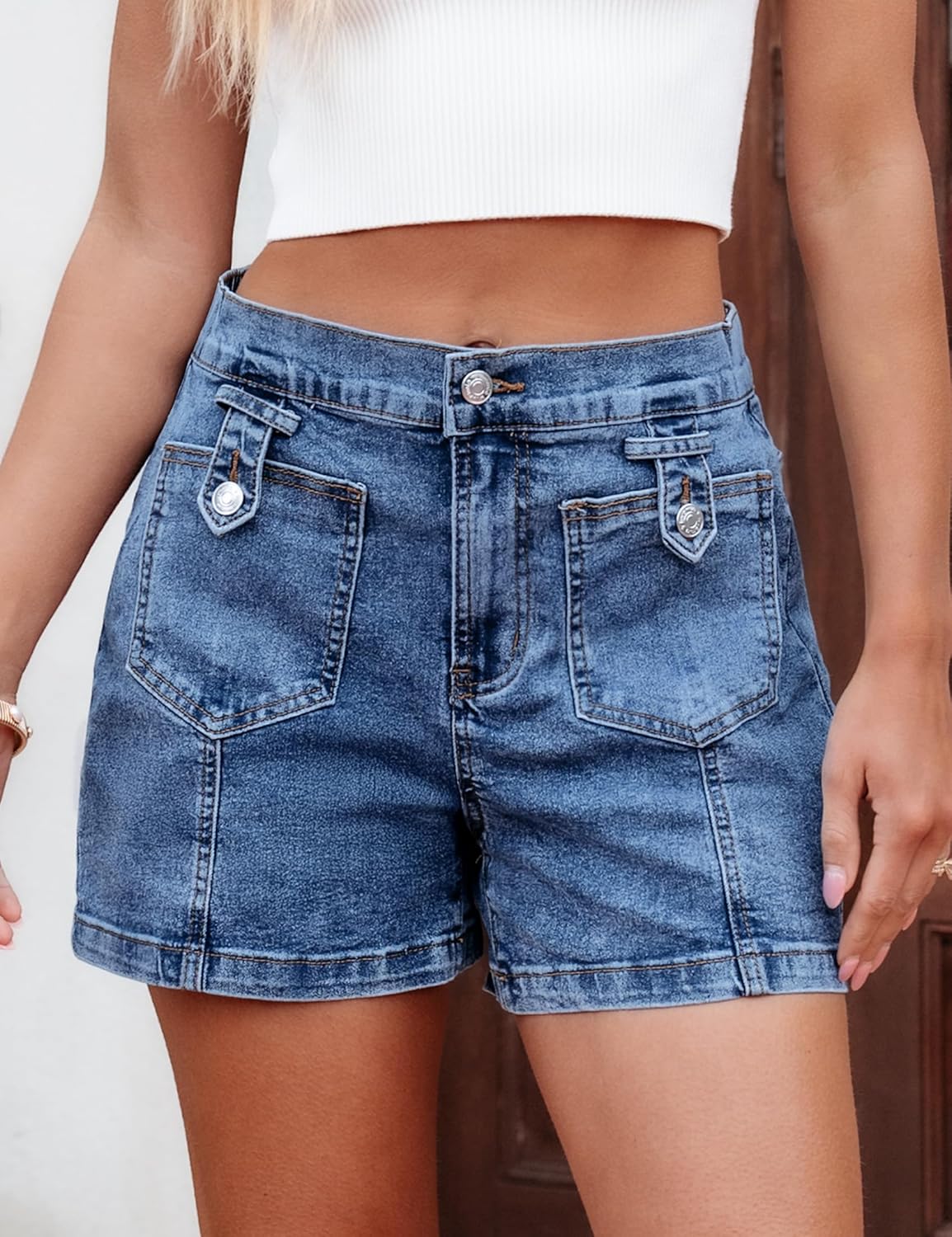 luvamia Jean Shorts for Women High Waisted Wide Leg Elastic Waist Stretchy Denim Jorts Summer Causal Shorts with Pockets - Image 2