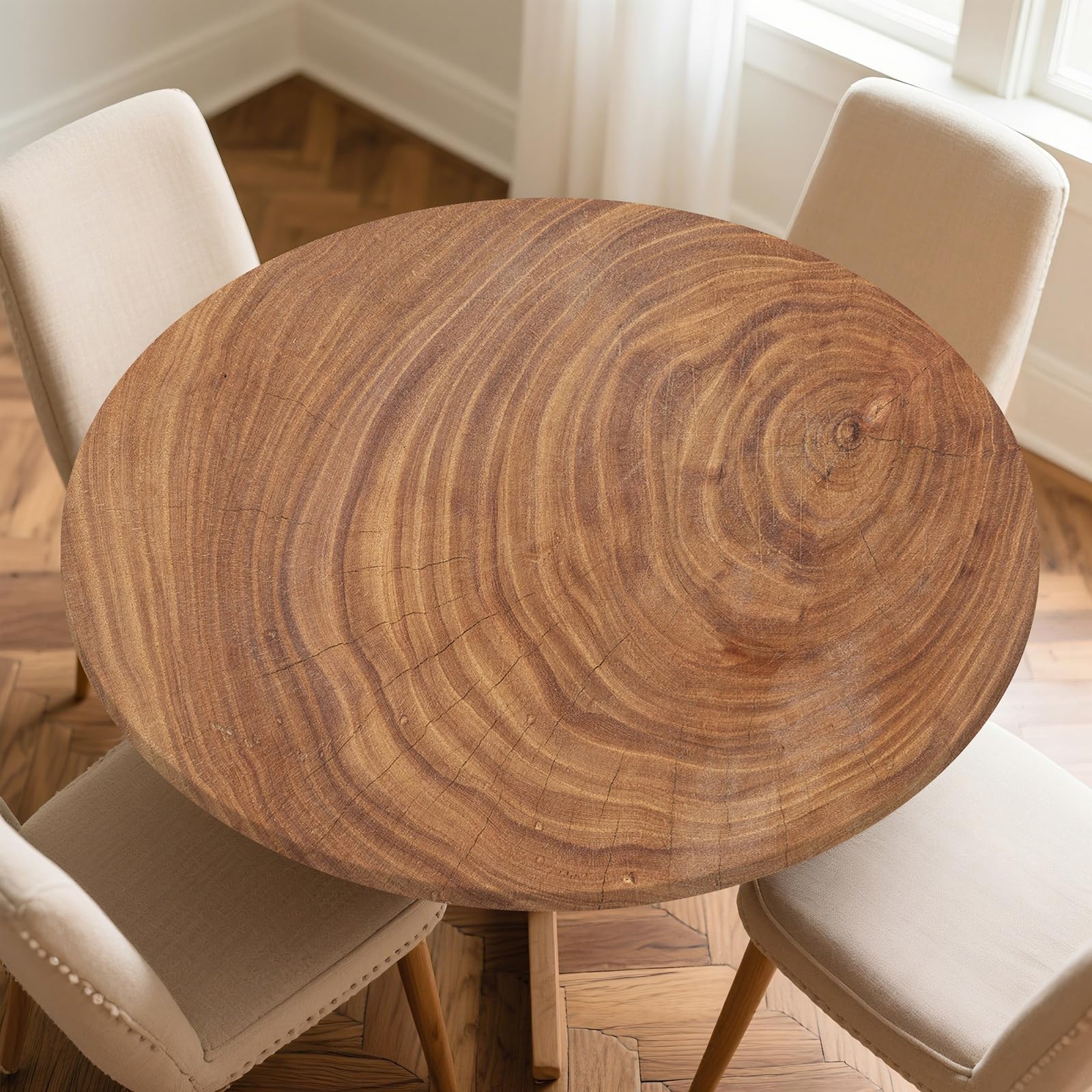 Odot Round Tablecloth Wipe Clean 60-160cm, Wood Grain Effect Round Outdoor Table Cover Fitted Elastic Edged Washable Circle Table Cloth Protector Decorative for Kitchen Dining Room (Retro,70cm)