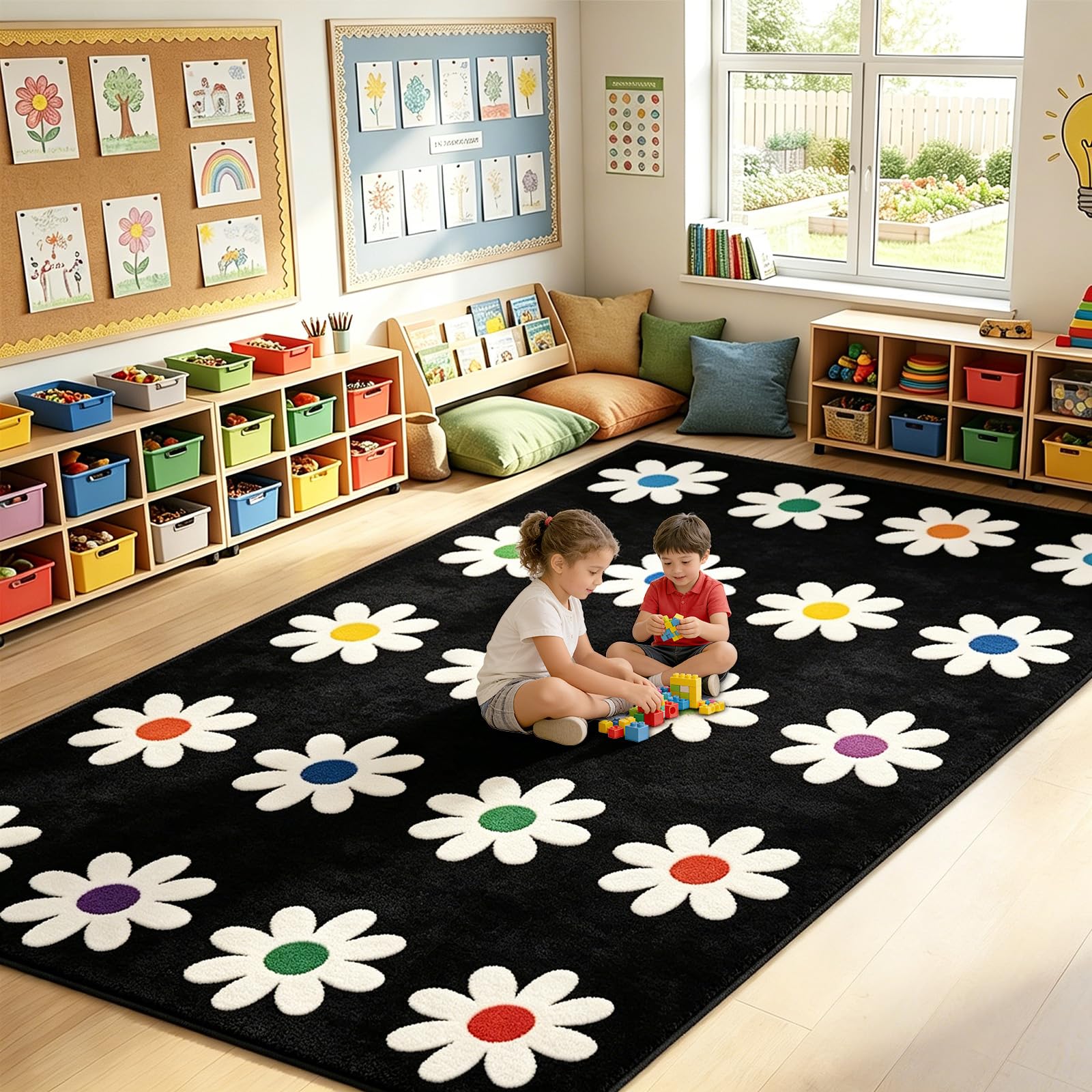 Photo 1 of 5x7.6 ft Daisies on Black Classroom Rug Daisy Educational Area Mat Daisy Flowers Multicolor Play Carpet Back to School Classroom Learning Mat for Preschool Playroom Elementary Kindergarten(Black)