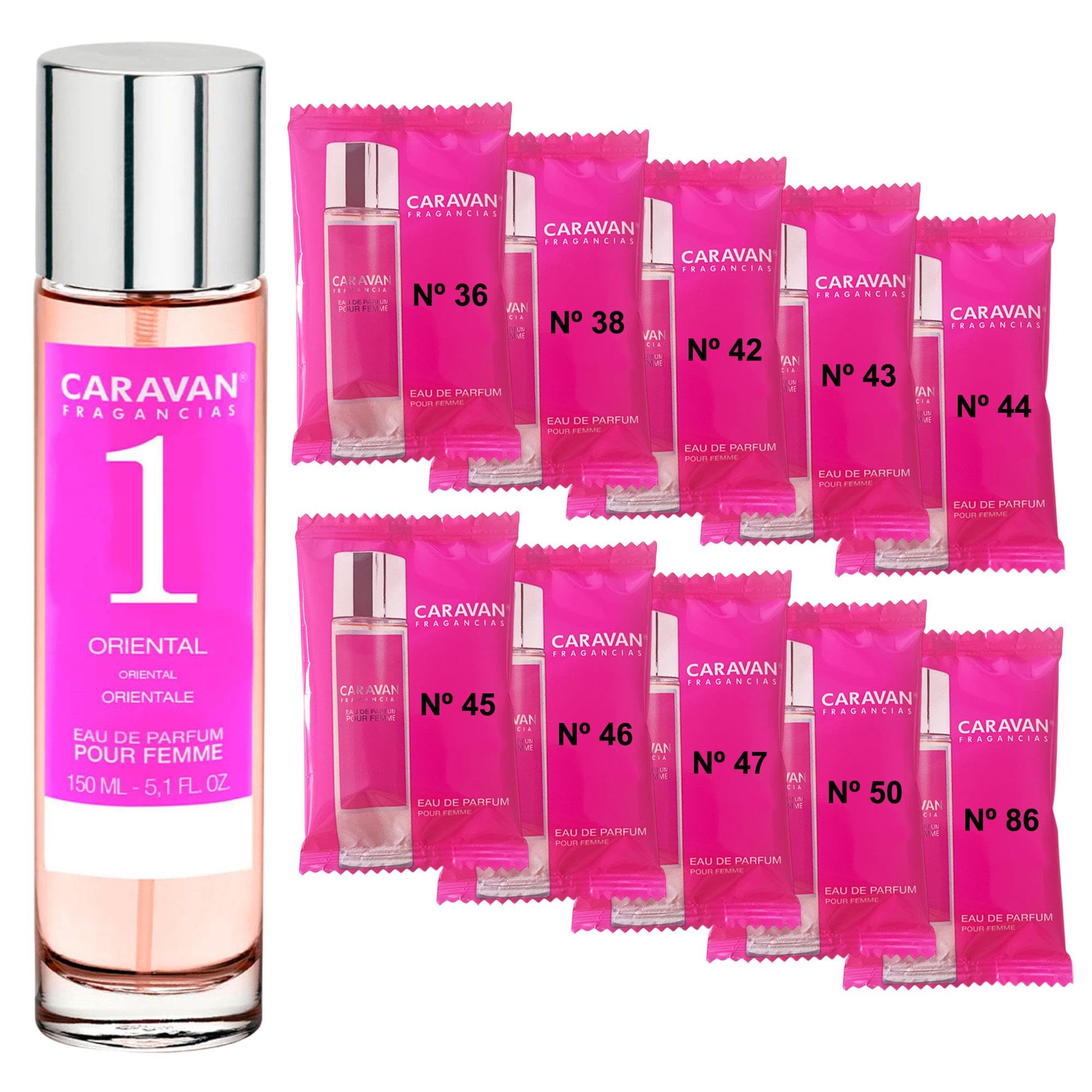 CARAVAN FRAGANCIAS Perfume de Mujer Nº1 de 150 ml + Set de 10 Viales de Fragancias femeninas distintas de Caravan para descubrir nuevos aromas