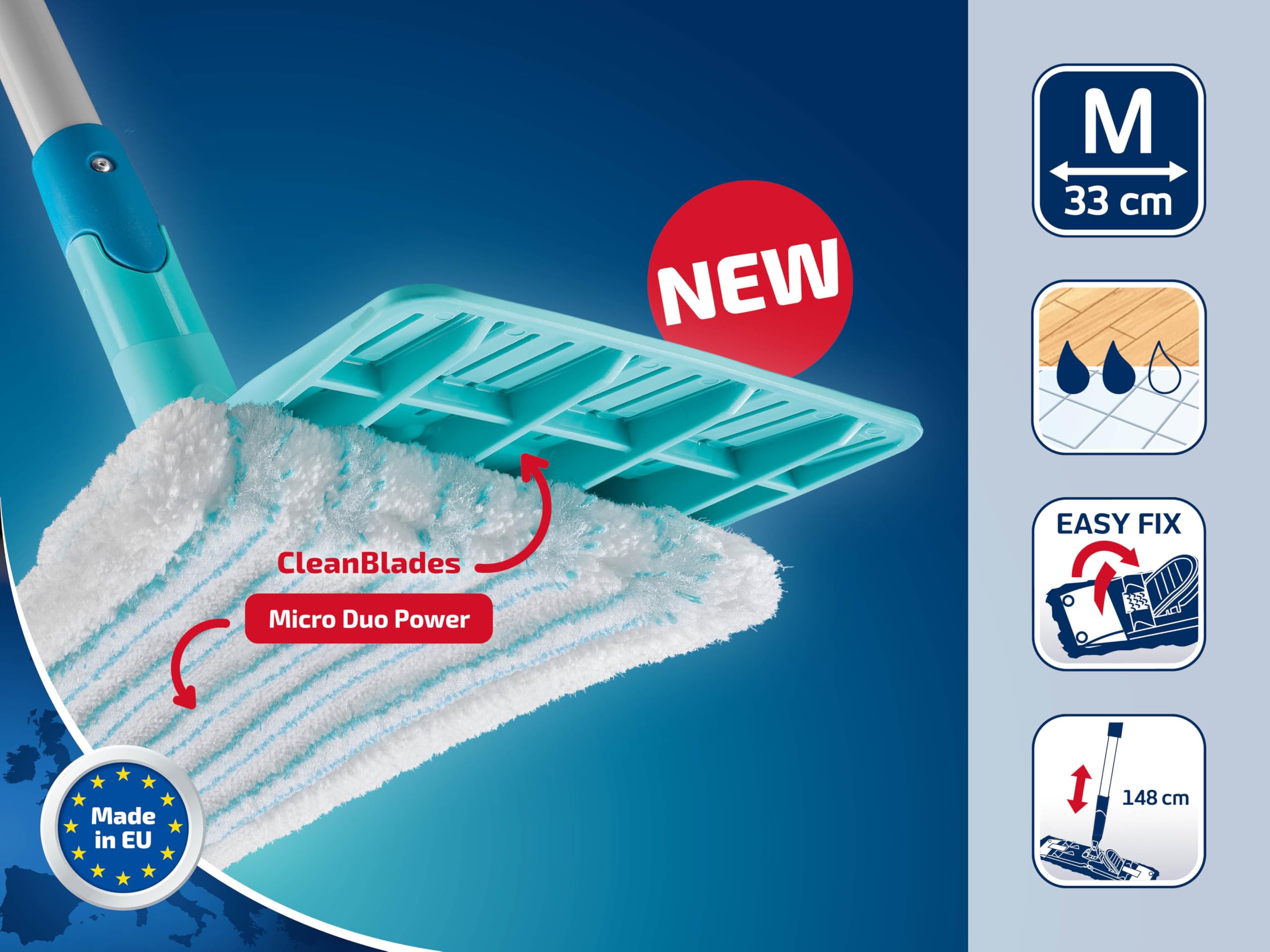 Leifheit Set PowerClean M, Balai serpillère et Seau essoreur ménageant Le Dos, kit avec 2 Housses serpillière Micro Duo pour Un Nettoyage en Profondeur, mécanisme d'essorage Facile, Click-System