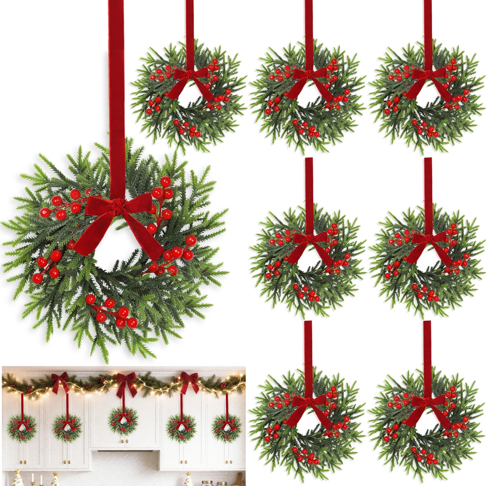 8 Pcs 11'' Mini Christmas Wreaths,Small Hanging Wreaths for Kitchen Cabinet