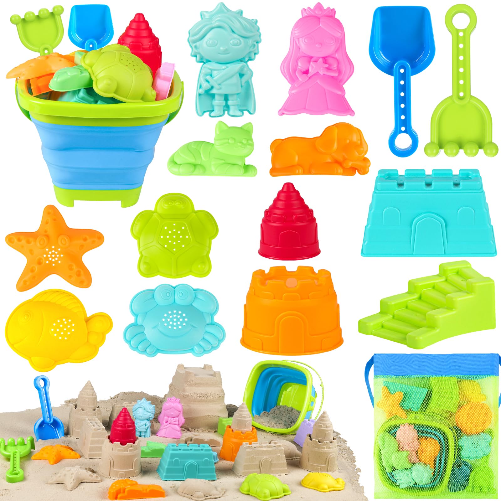 Juguetes de playa plegables para niños pequeños, cubeta de arena plegable y palas con bolsa de malla y kit de construcción de castillo de arena, juguetes de arena de viaje para artículos esenciales de
