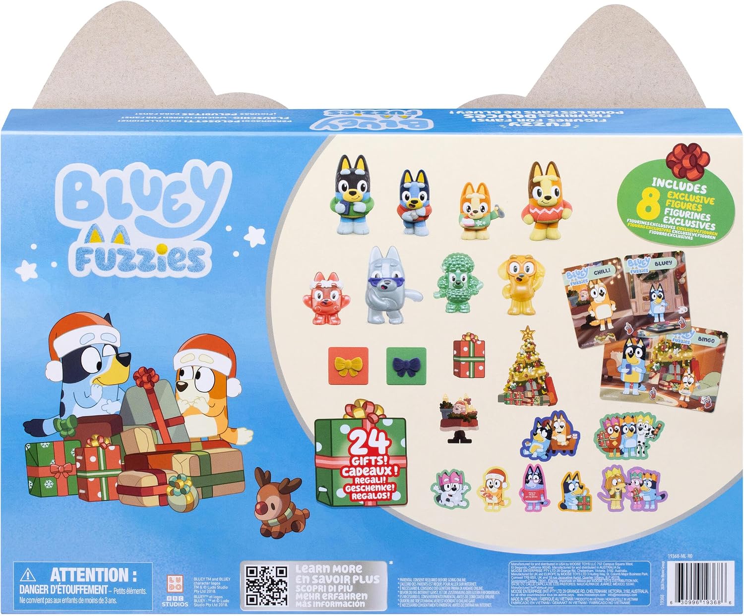 BLUEY Fuzzies Advent Calendar Pack, 8 Exclusive Mini-Figures | Includes 24 daily surprises with accessories, chip pieces, 4 trading cards, and animal stickers