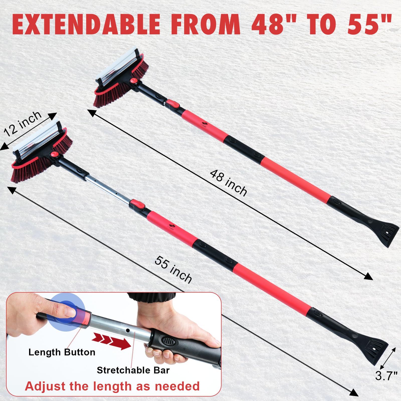 CARCAREZ Cepillo de nieve extensible de 56 pulgadas con escobilla de goma y raspador de hielo, agarre de espuma, cepillo de nieve para parabrisas automático, herramienta de eliminación de arañazos,