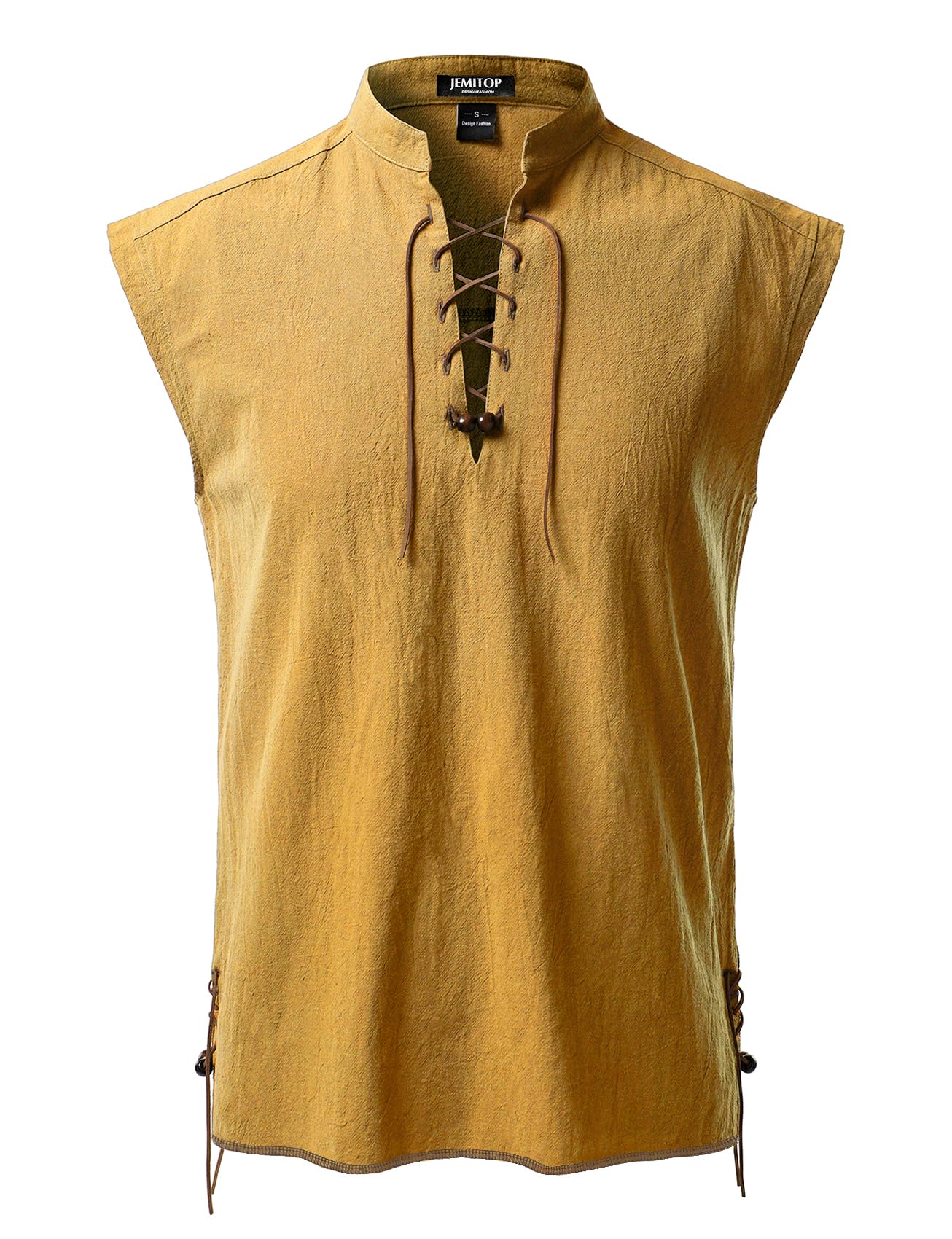JEMITOP Men's Retro Pure Cotton Lace Up Sleeveless Shirts for Pirate Renaissance Medieval Viking Costume, Yellow, XXL
