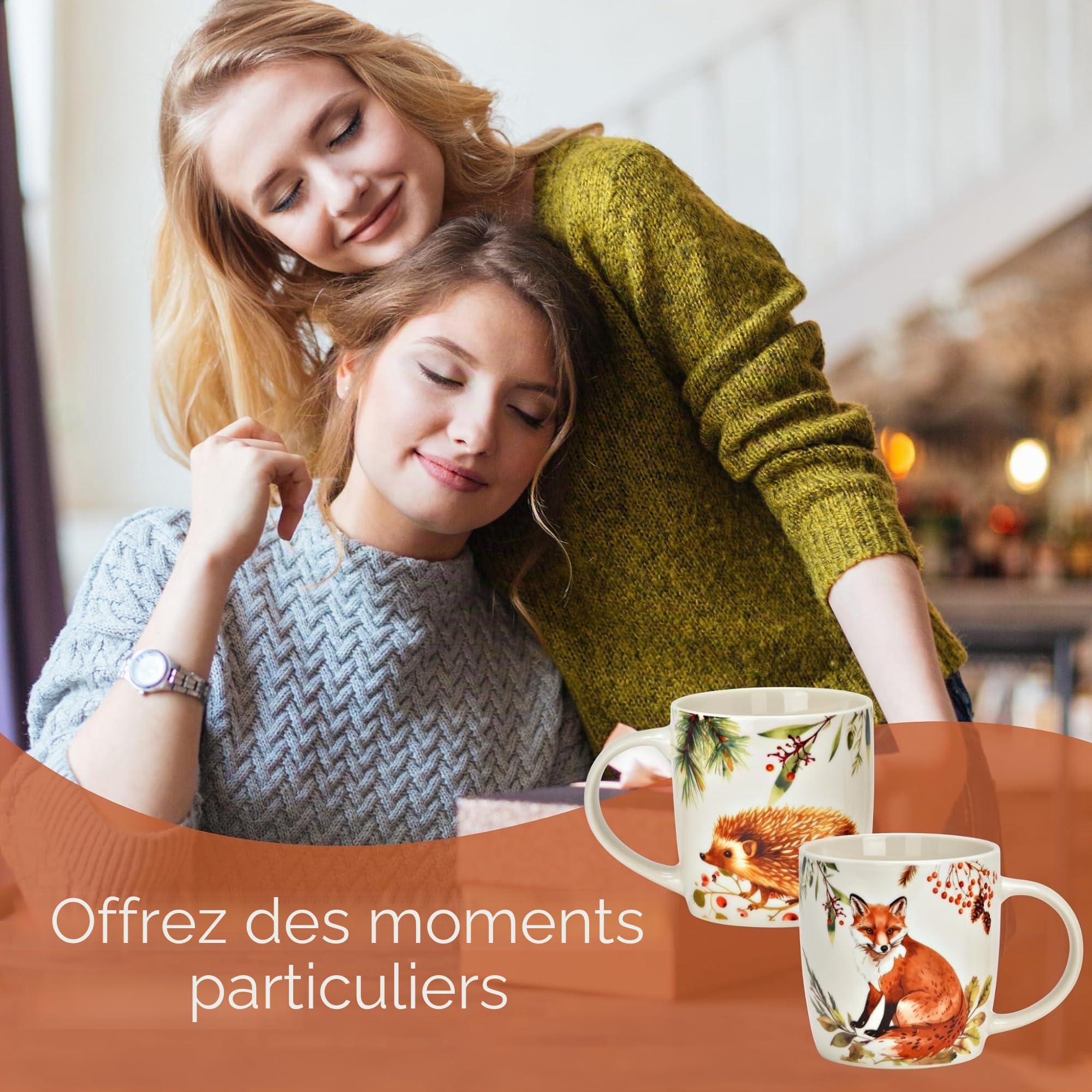 Lot de 6 tasses à thé d'automne, renard et hérisson, 350 ml, en porcelaine, passent au lave-vaisselle et au micro-ondes