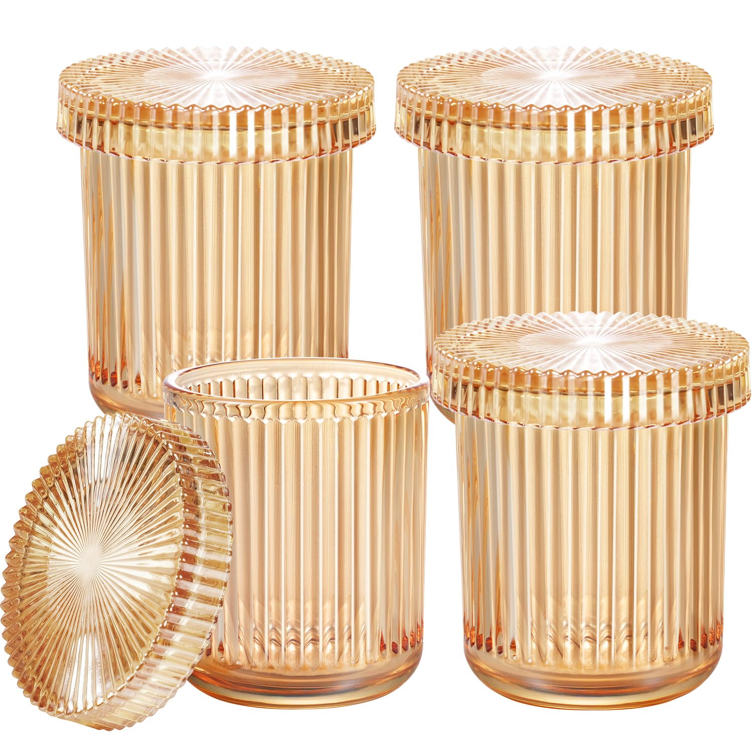 SheeChung 4-Pack Amber Glass Apothecary Jars - Vintage Sunburst Bathroom Organizer Set - Qtip Holder Dispenser Cotton Swab
